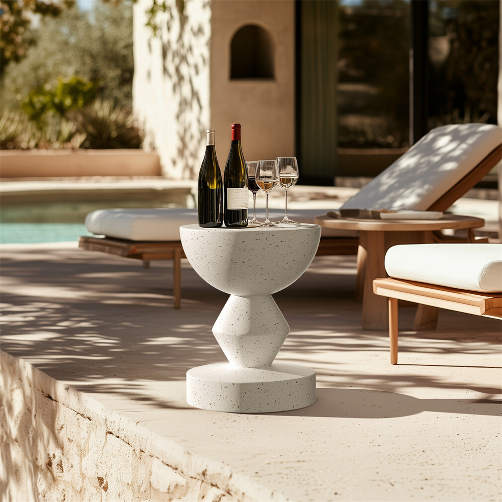 Unique Lightweight Concrete Side End Table Outdoor Faux Terrazzo Thick Pedestal