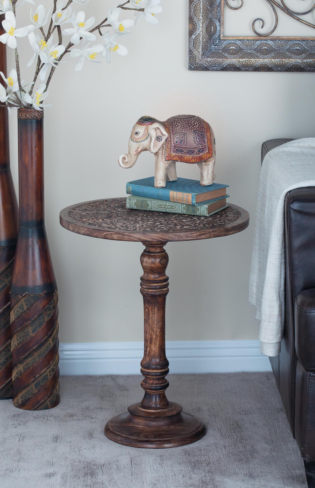 Mango Wood Floral Handmade Side End Accent Table Intricately Carved End Table…