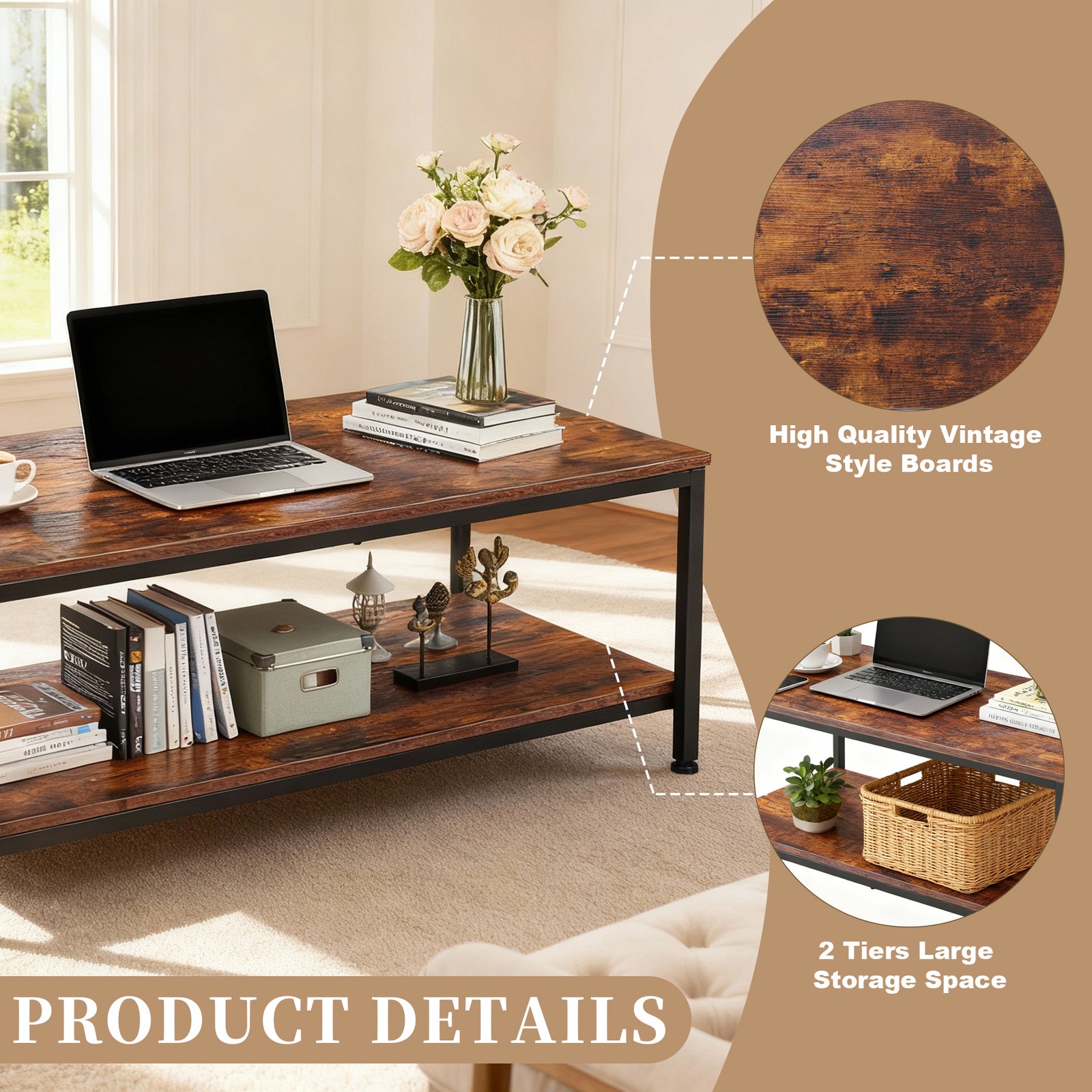 39″ Rectangular Coffee Table Industrial Wood Center Table w/ Storage Shelf Brown