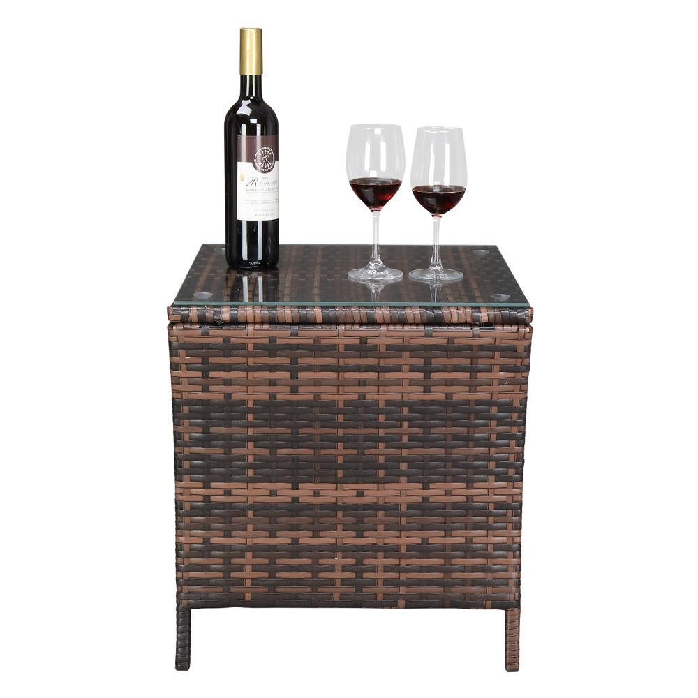All-weather Square Wicker Rattan Side Tea Table Patio Furniture with Glass Top