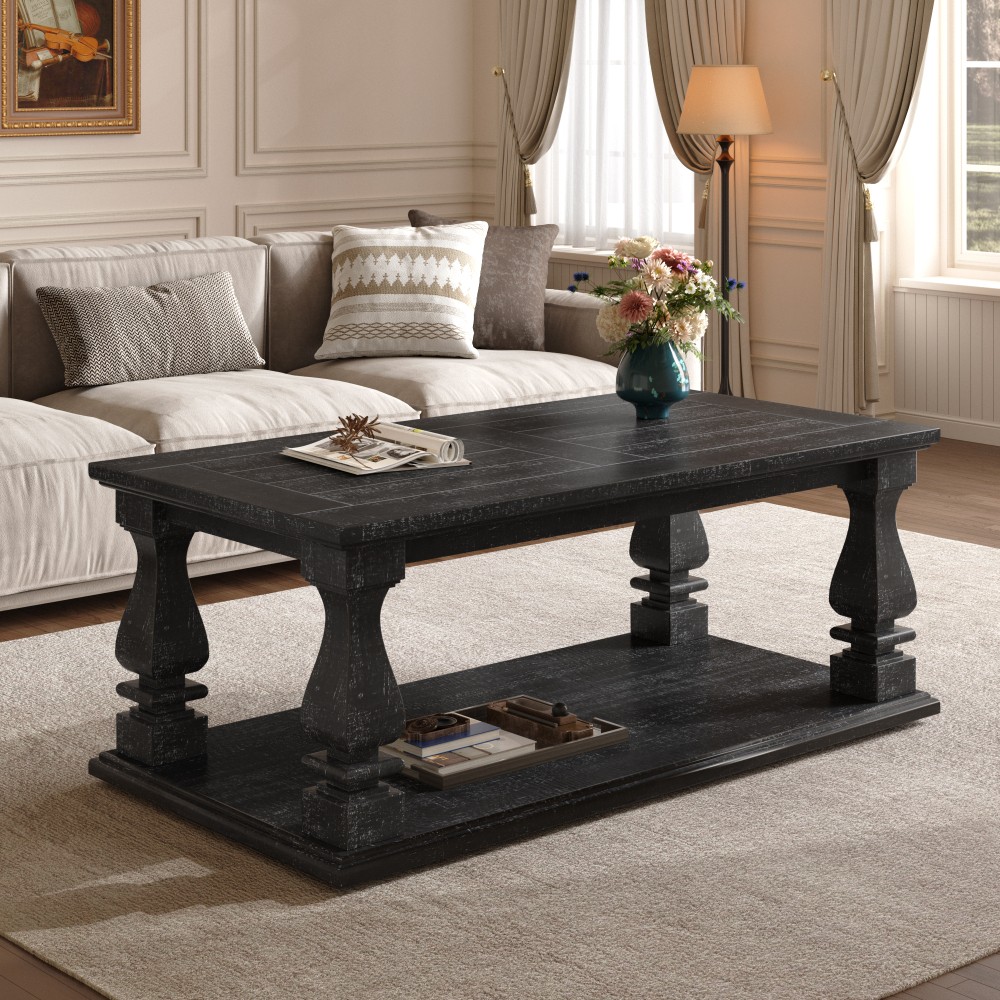 Weathered Black Coffee Table,Crafted w/ Heavy Planked Top & Square Baluster Legs