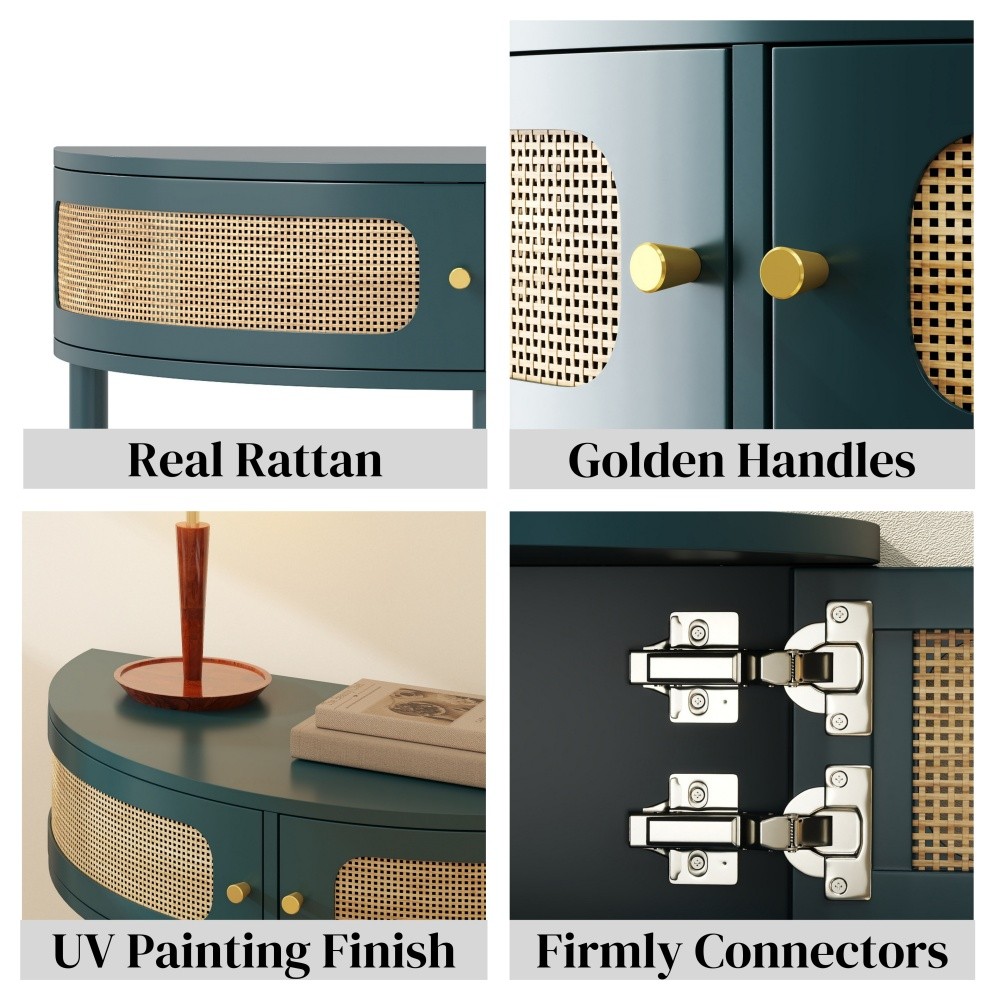 Unique Half Moon Design End Table with Sliding Rattan Door,Elegant Semi-circle