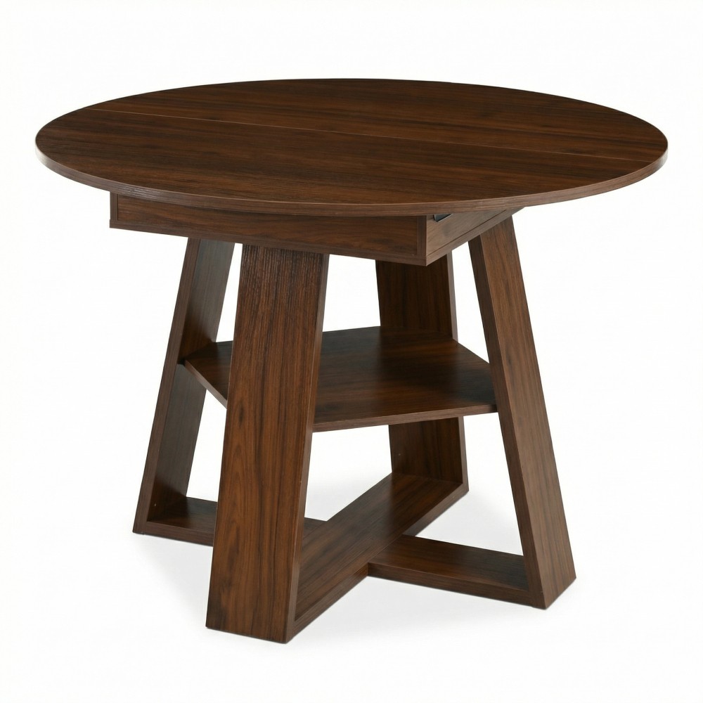 43-59″ Extendable Round Dining Table, Walnut, Space-Saving with Storage Shelf