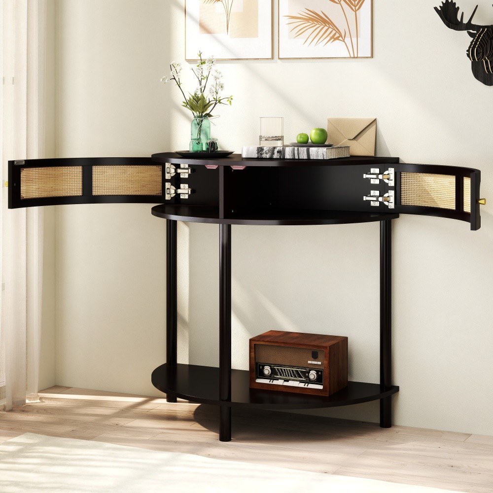 Unique Half Moon Design End Table with Sliding Rattan Door,Elegant Semi-circle