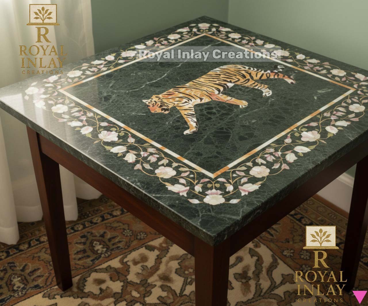 Green Marble Pietra Dura Table Top – Square Tiger Inlay & Floral Border Tabletop