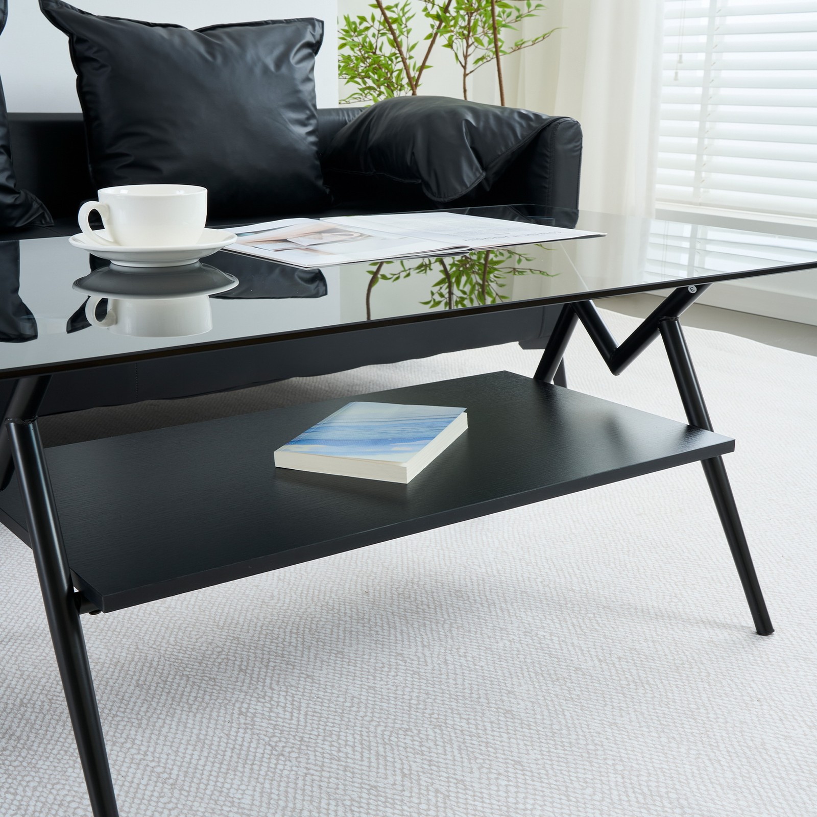 W38.6″ Tempered Glass Metal Legs Coffee Table Sofa Cocktail Centre Table w Shelf