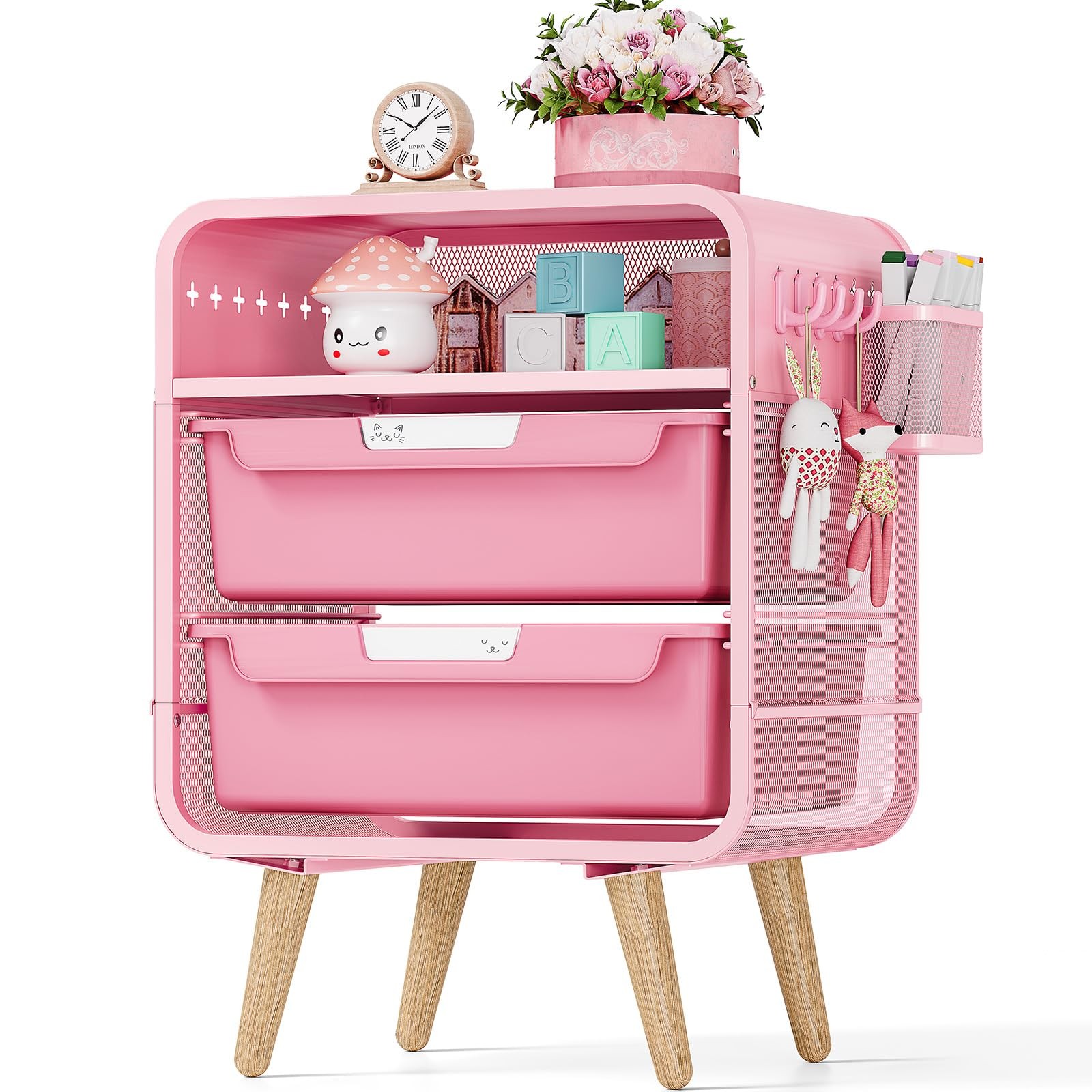 Pink Nightstand, Cute End Table with Storage Drawer, Kids Nightstand for Bedr…