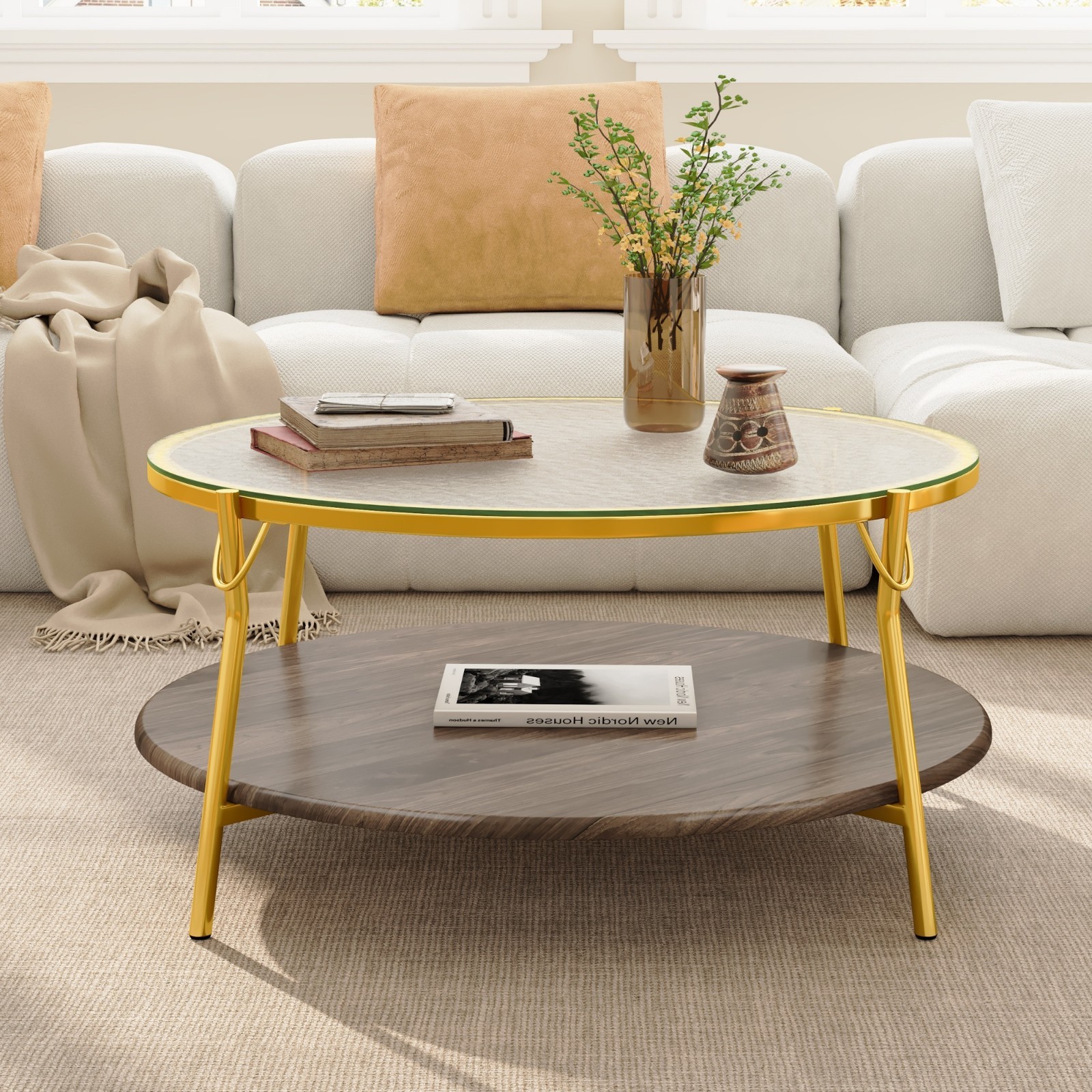 Modern Round Coffee Table Center Table w/ Tempered Glass Tabletop Gold Metal Leg