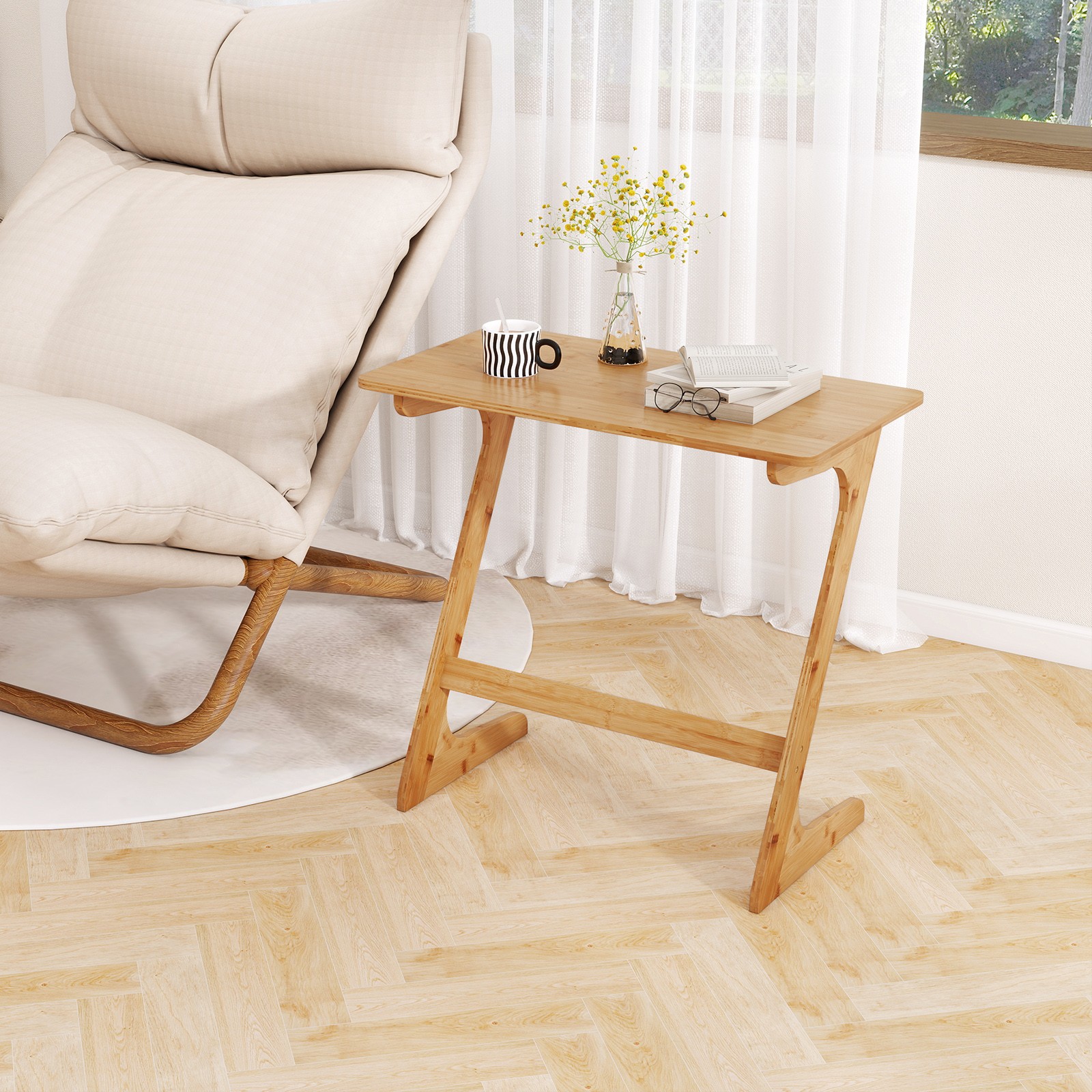 Bamboo Sofa Side Table Z-Shaped Spacious Tabletop Space-Saving TV Snack Tray