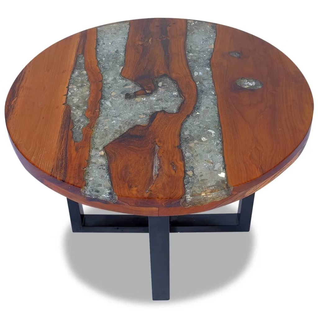 Coffee Table Multicolor Solid Teak Wood, Mango Wood, Resin Medium