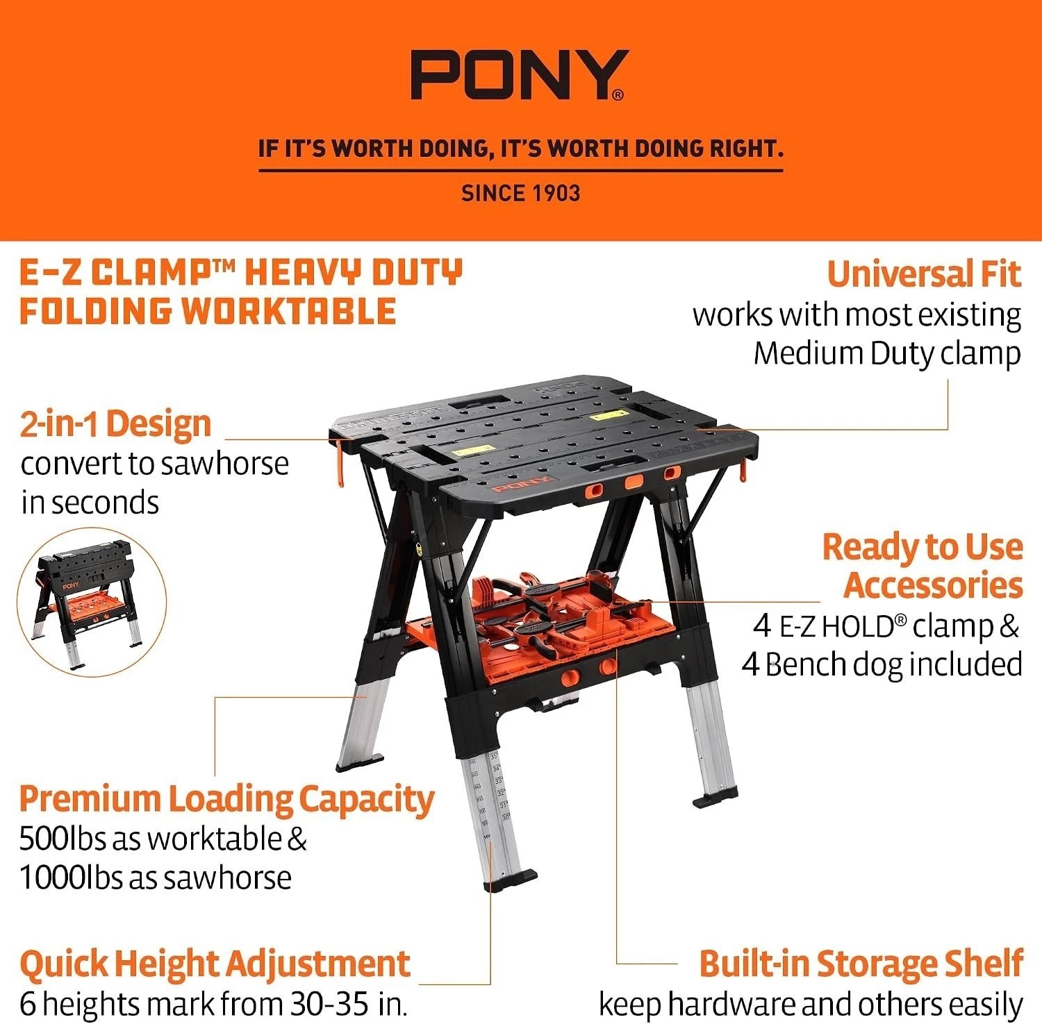31” Folding Workbench with Clamps – 2-in-1 Adjustable Sawhorse for All Projects