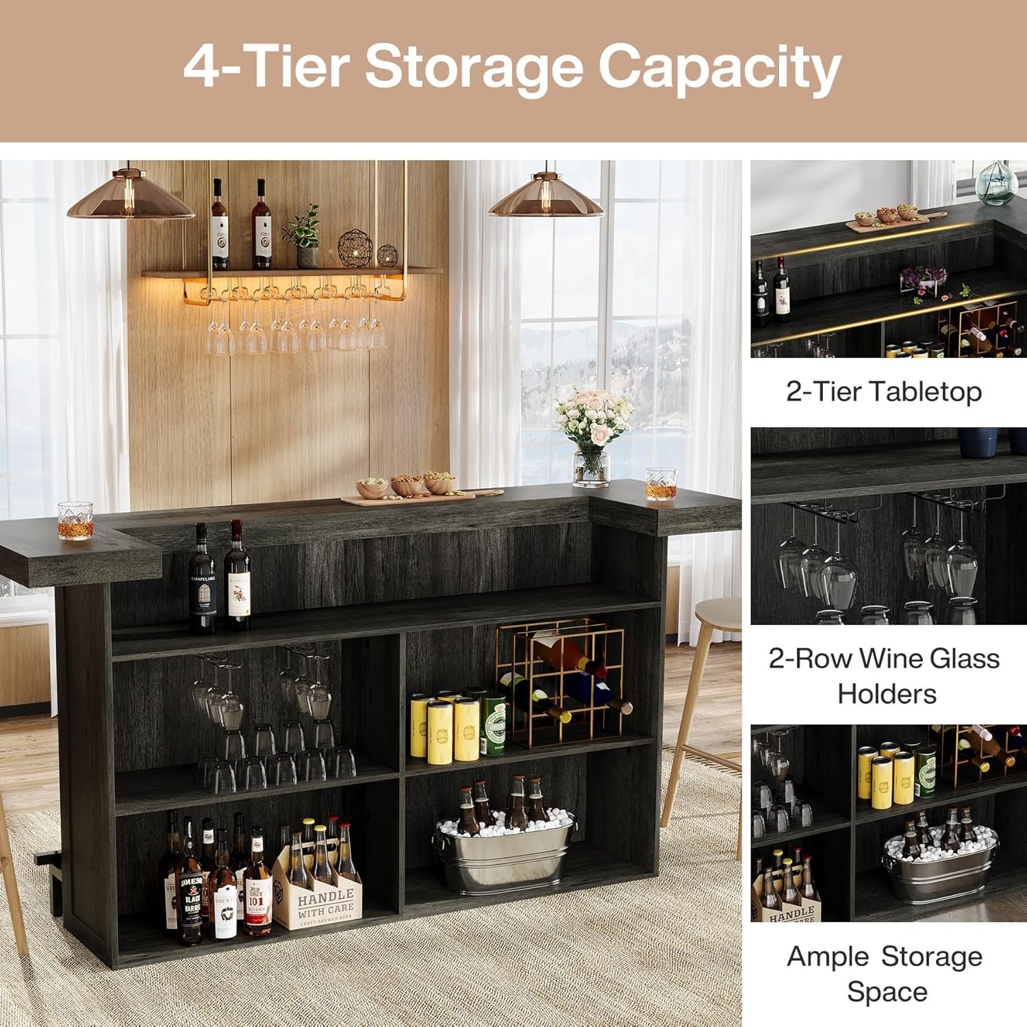 70.9-Inch Large Bar Table Industrial Wooden Home Bar Unit with Storage Shelves