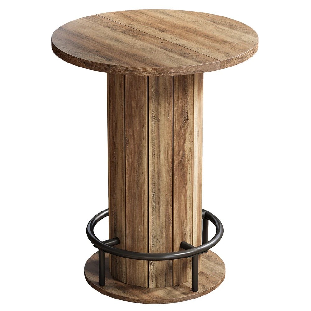 Bar Table with A Warm Brown Wood-grain Top and A Rounded Wooden Base