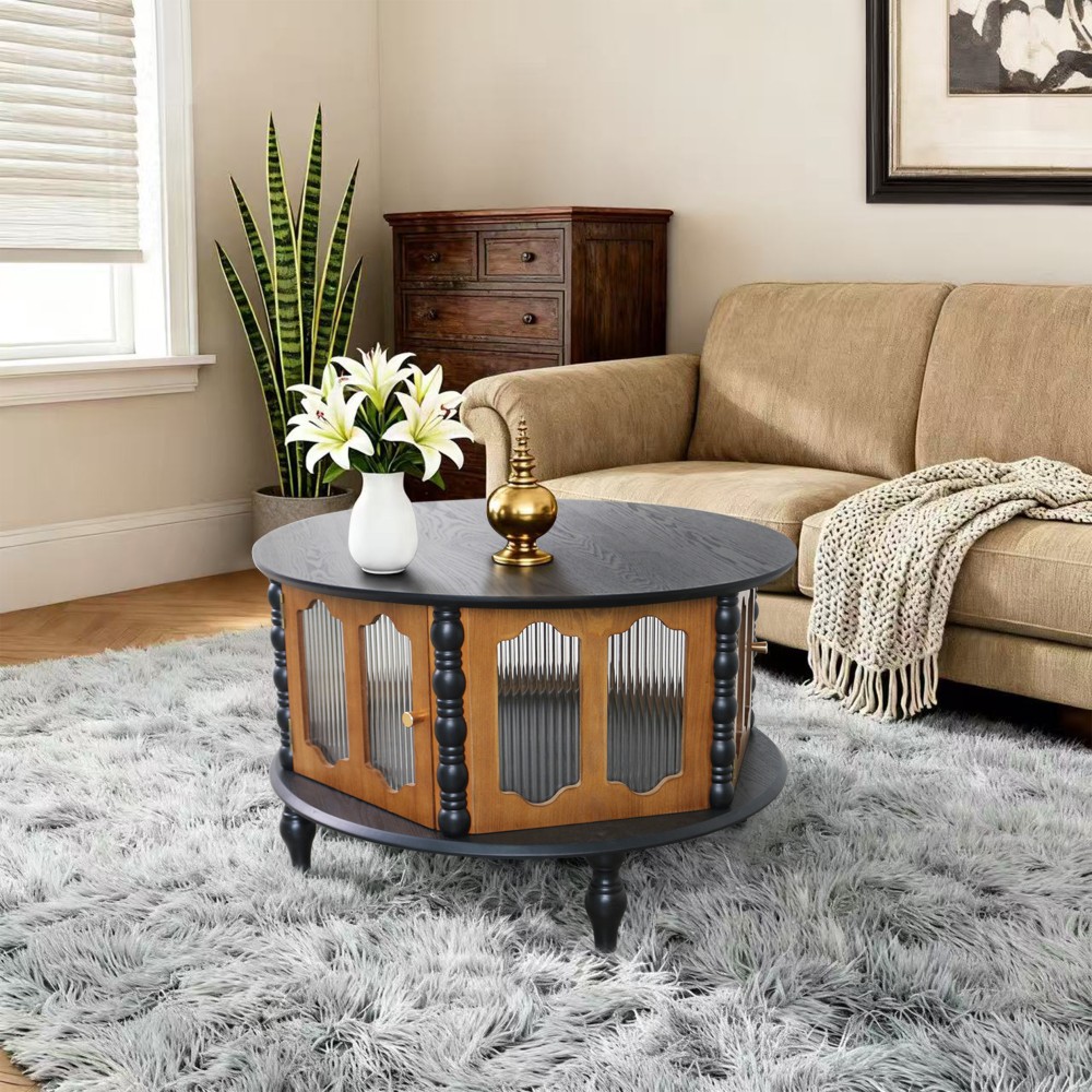 31.5 in Round Three-Door Storage Coffee Table Real Wood Veneer Coffee Table