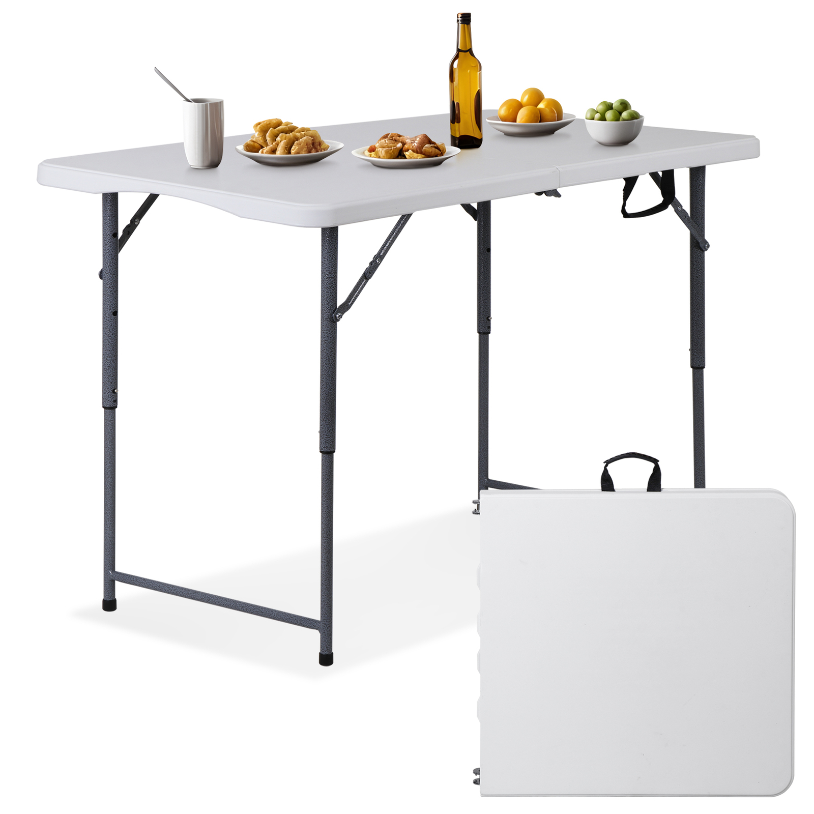 Folding Table Adjustable 4FT Plastic Table Picnic Camping w/Carry Handle White