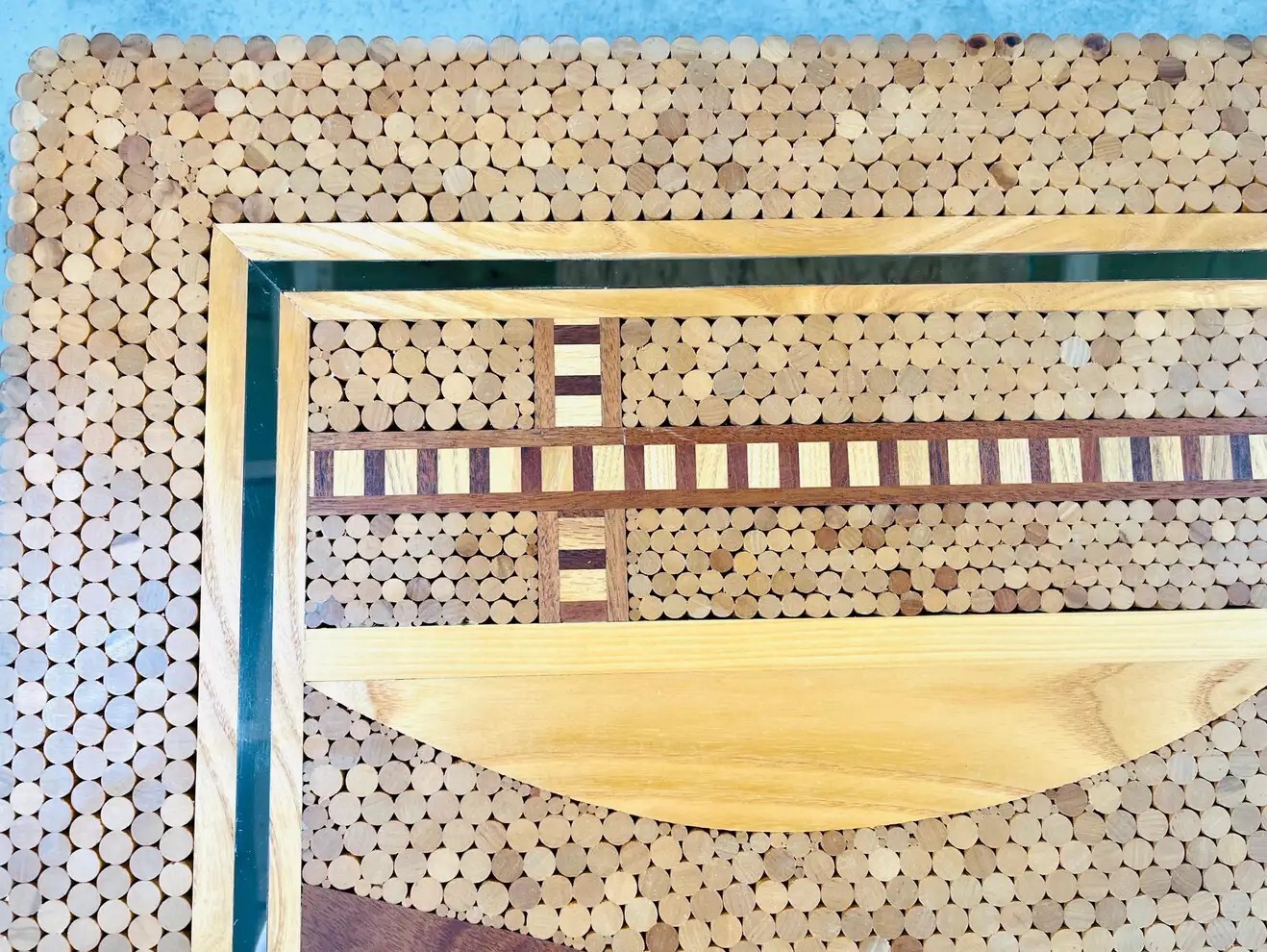 Patterned Marquetry Scenic Organic Doweled Teak Coffee Or Cocktail Table