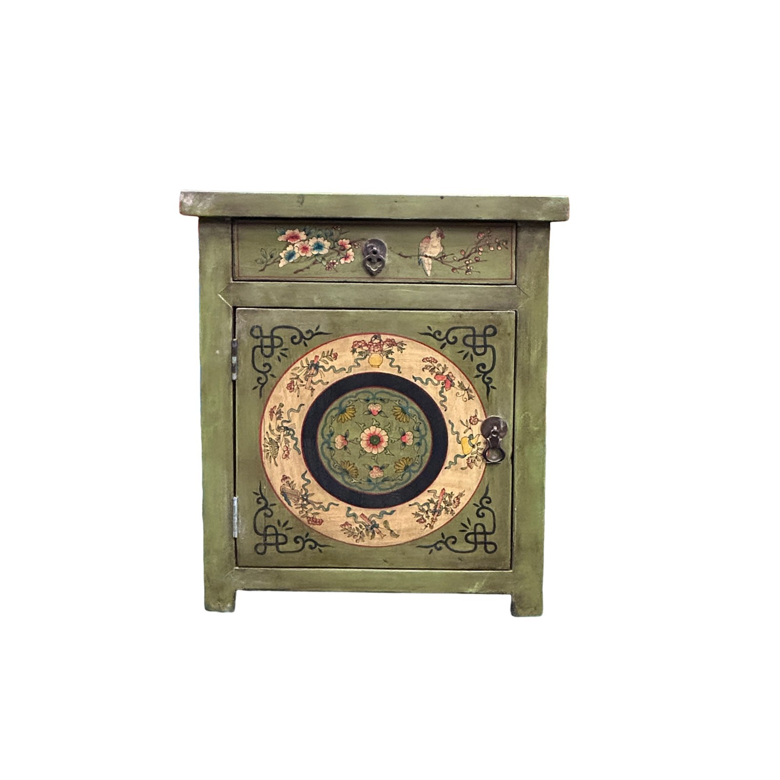 Distressed Sage Green Floral Graphic End Table Nightstand GB601