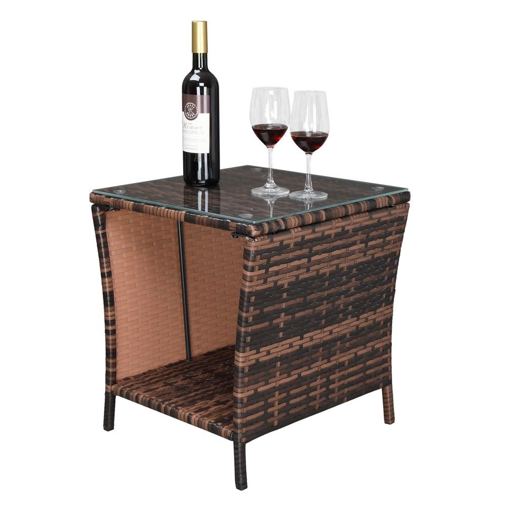 All-weather Square Wicker Rattan Side Tea Table Patio Furniture with Glass Top