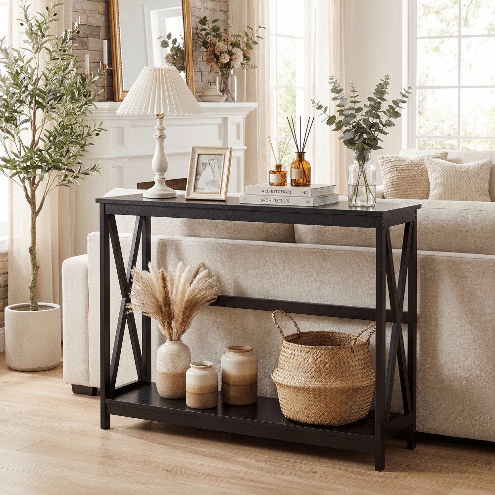 40 Inch 2 Tier Console Table With Metal X Frame Wood Entryway Table 200 Lbs Capa