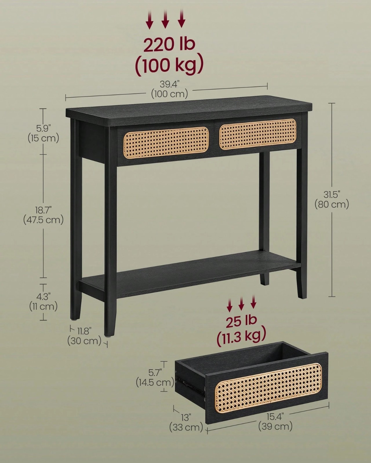 Boho Console Table for Entryway 2 PVC Rattan Drawers Narrow Sofa Table Black