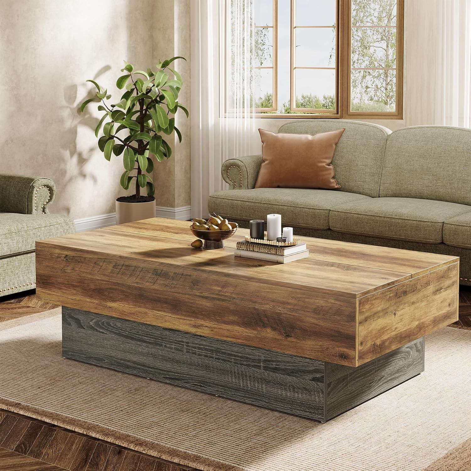 55-Inch Farmhouse Wood Coffee Table, Large Rectangle Tea Table for Living Room