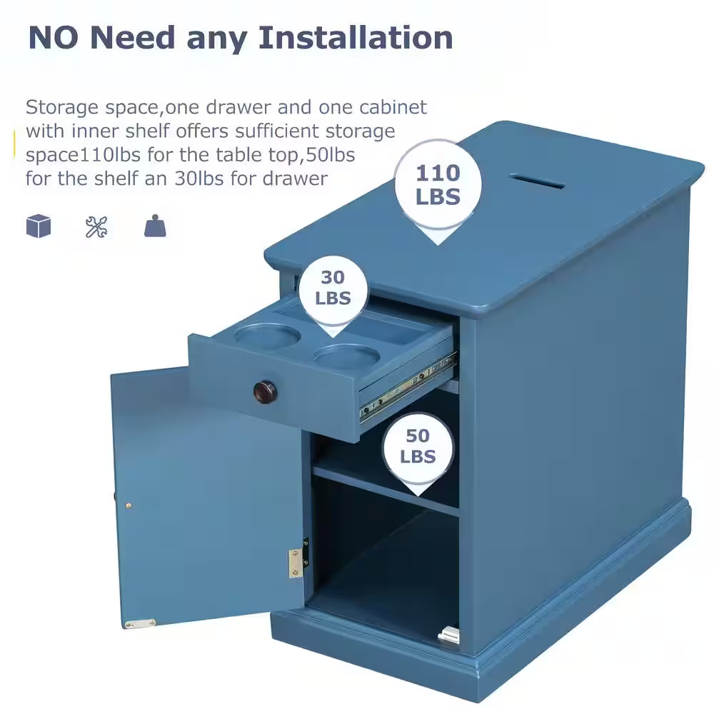 24 In. Navy Rectangle Wood End Table with USB Ports and 1-Drawer W/Cup Holders S