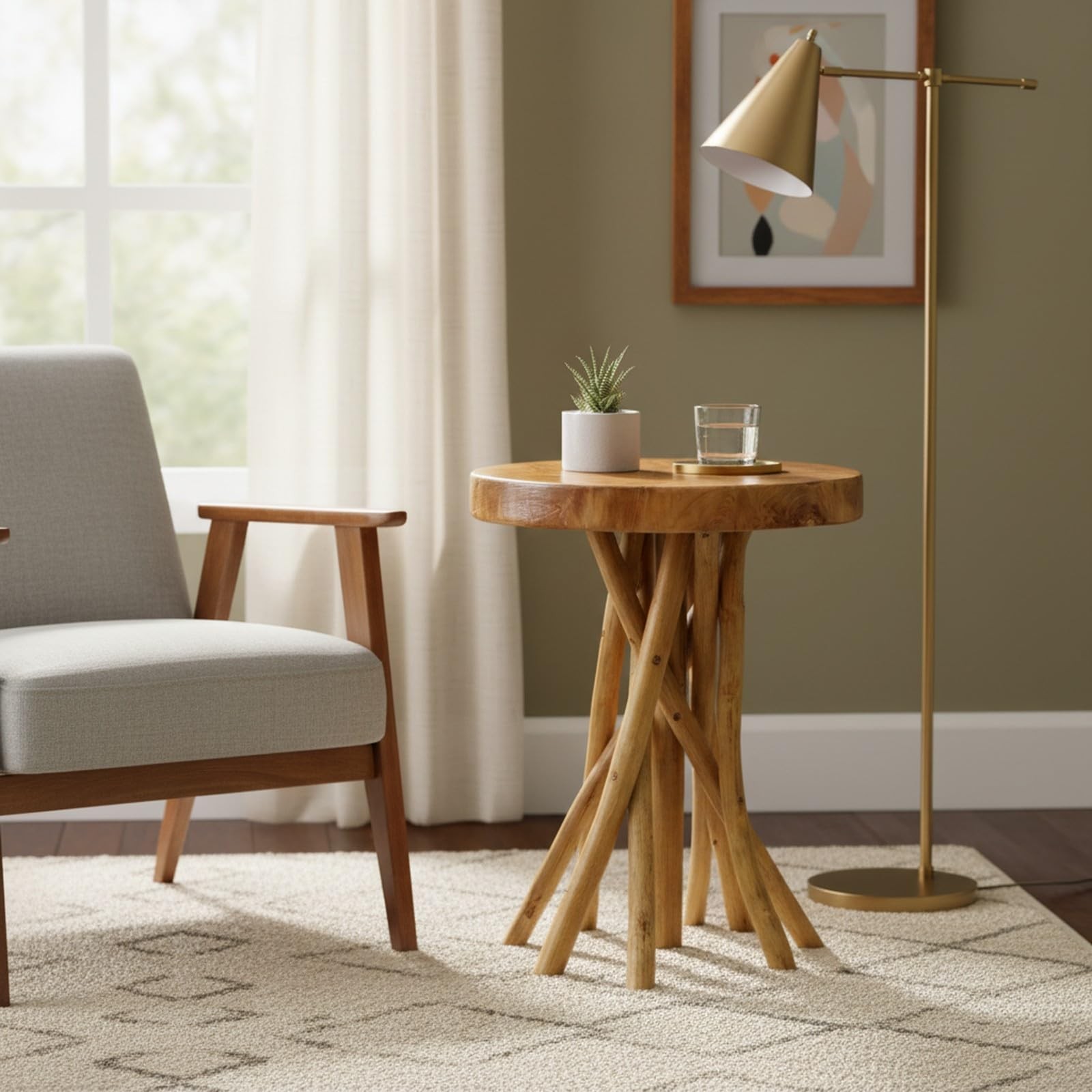 Teak Wood Stick Leg End Table, 16″ L x 16″ W x 20″ H Rustic Side Table, Small…