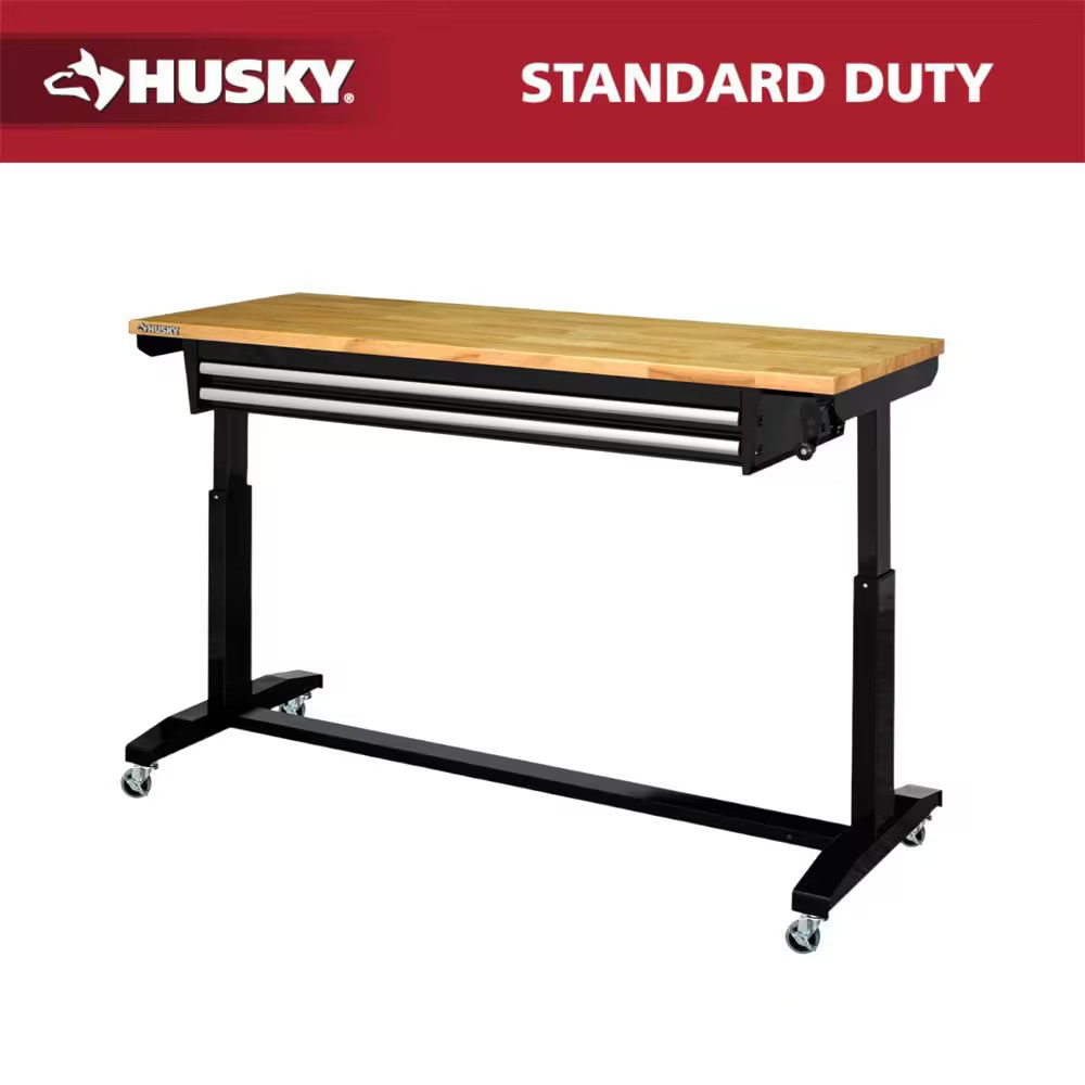 62 In. W X 24 In. D 2-Drawer Adjustable Height Black Workbench Table with Solid