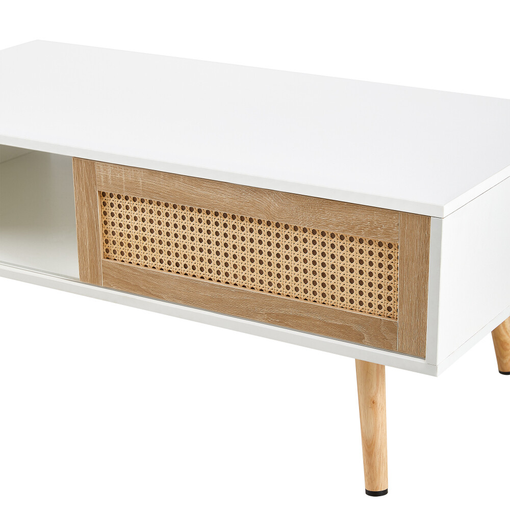 White Rattan Coffee Table with Sliding Doors – Perfect for Living Room