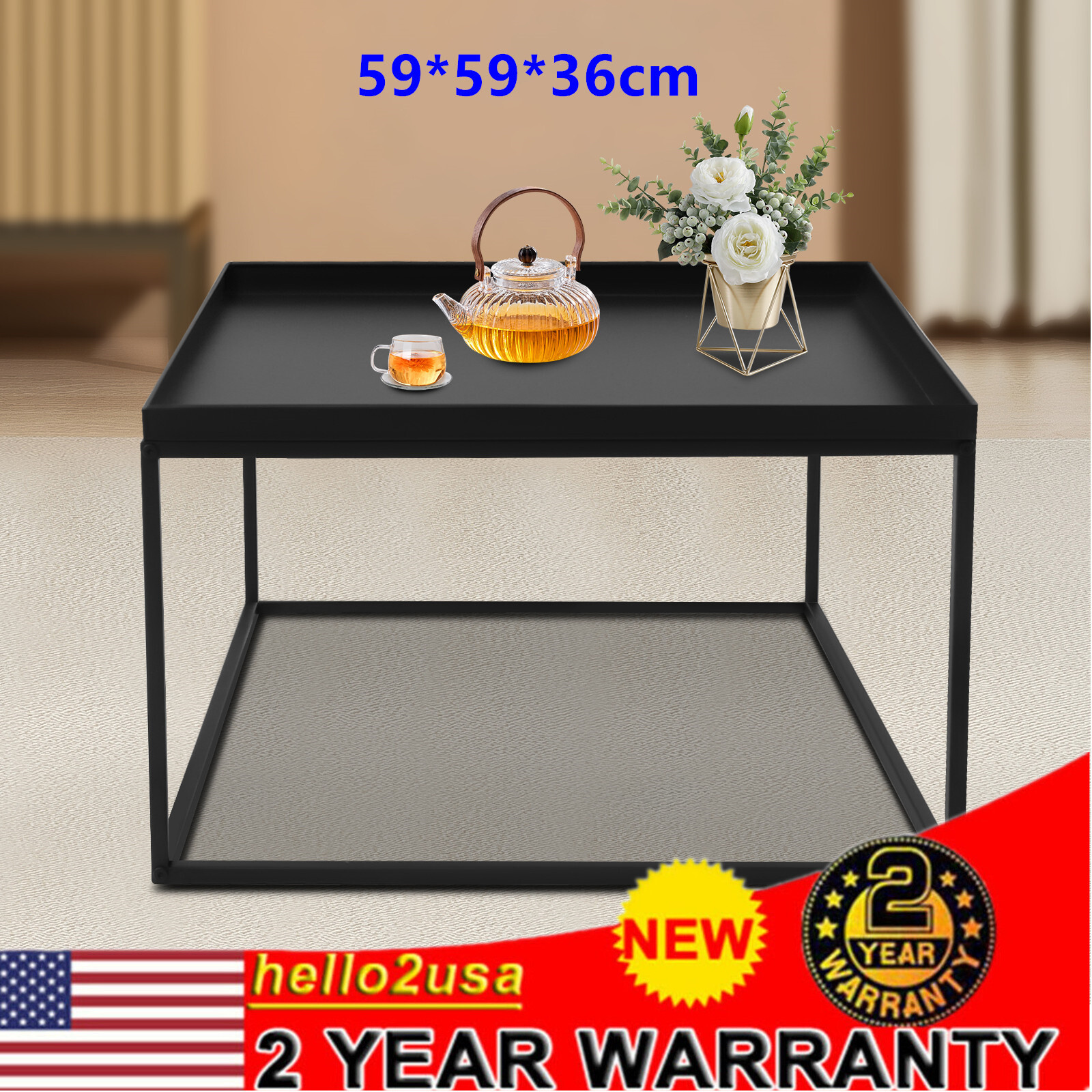 59cm Metal Square Coffee Table End Table/Side Table For Office Home Matt Black