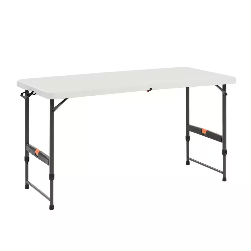 4 Ft. Almond Resin Top Single Hand Adjustable Height Rectangular Folding Utility
