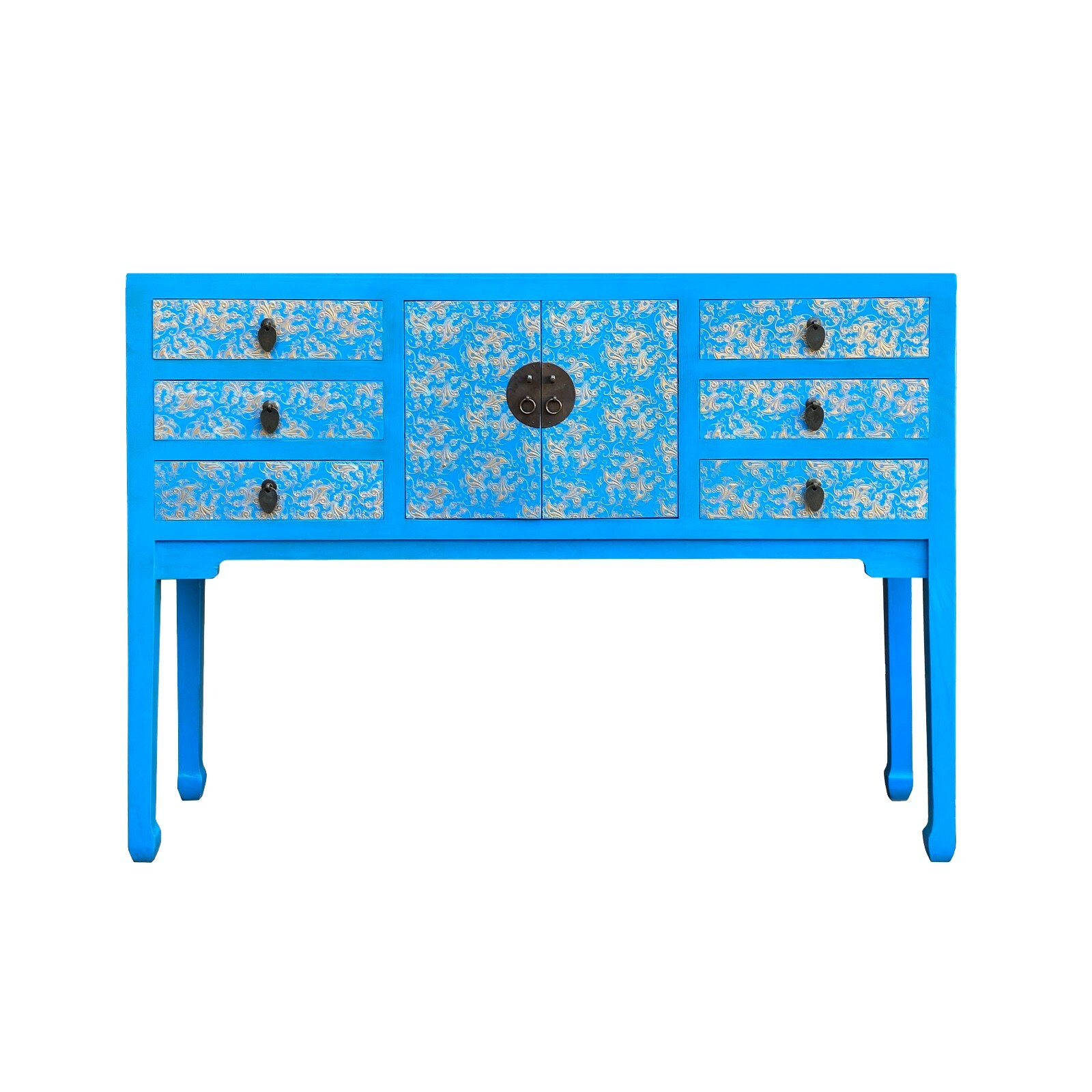 Bright Blue Lacquer Golden Flower Graphic Drawers Slim Foyer Side Table cs7153