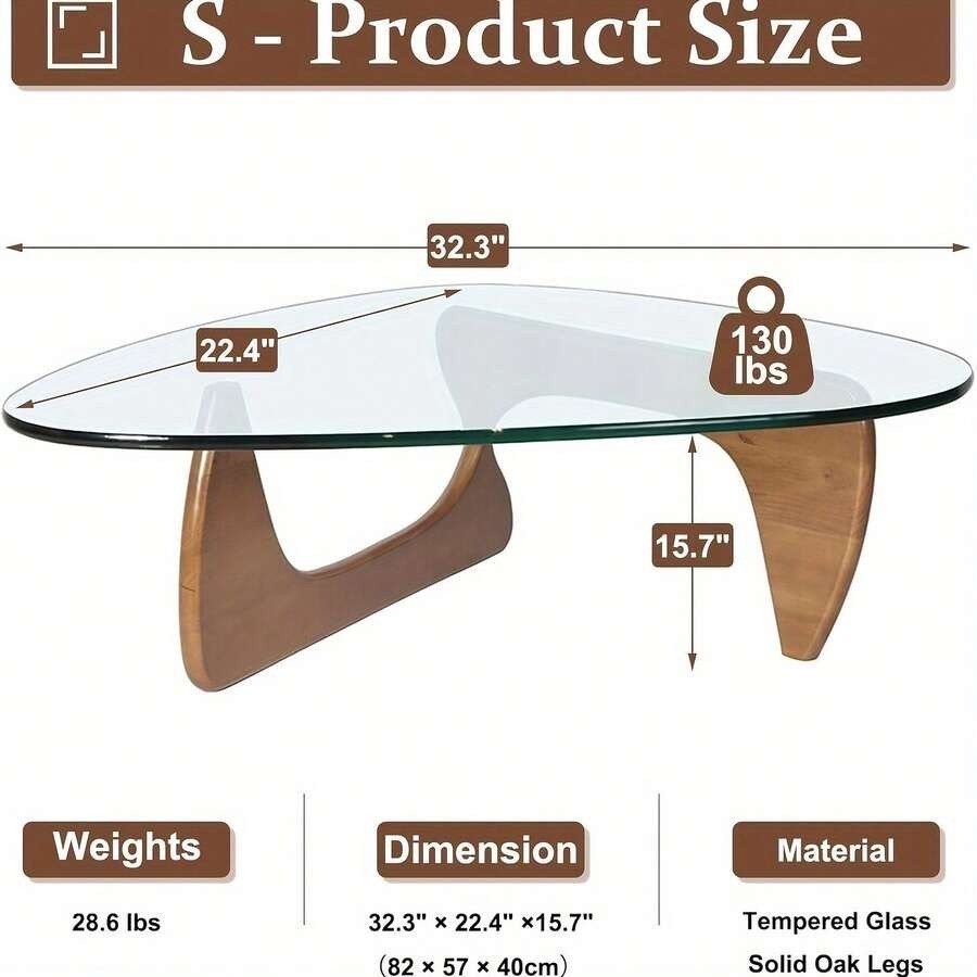 Walnut Wood & Glass Coffee Table, Triangular/Oval Modern Living Room Table