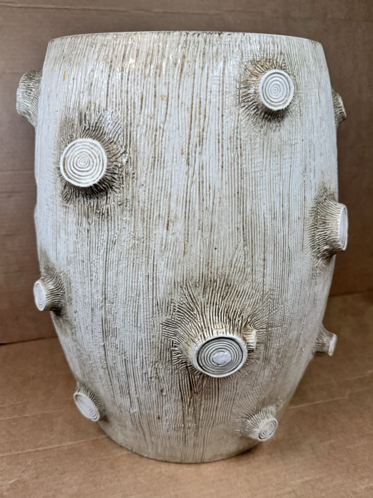 Ceramic Tree Stump Garden Stool Side Table White Textured Rustic Organic Natural