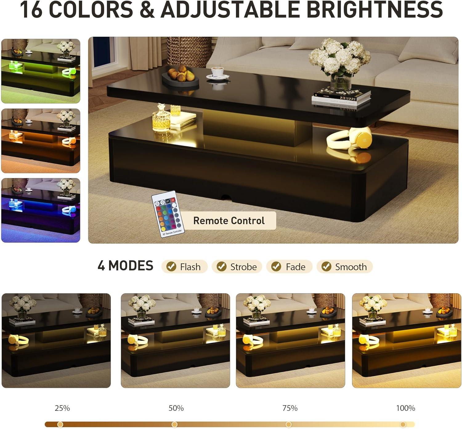 47″ LED Coffee Table with Storage, Modern High Glossy Design for Living Room