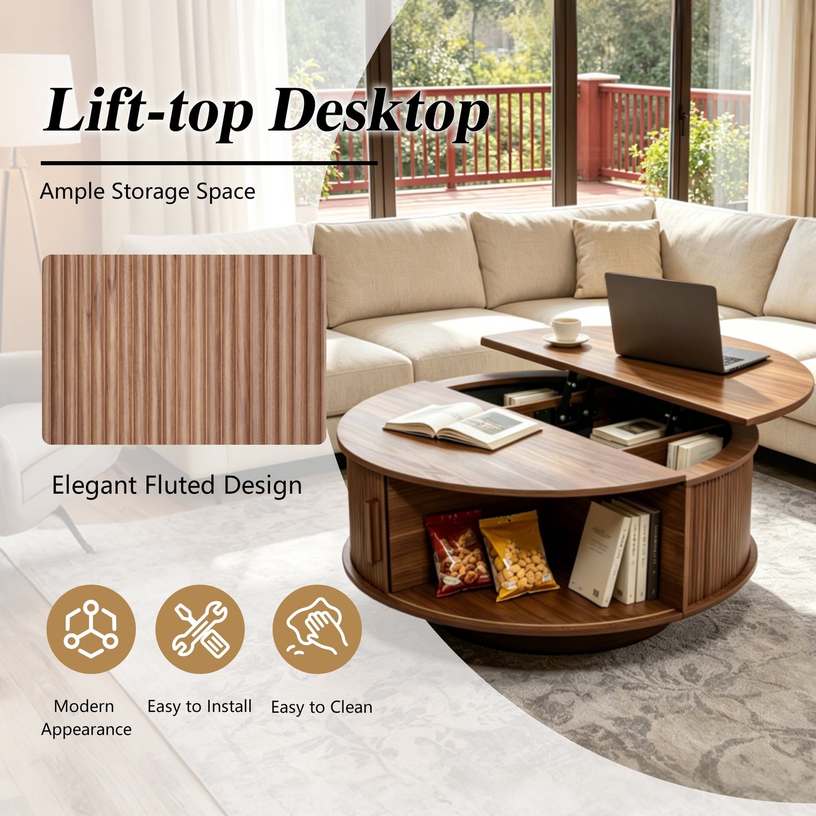 31.5″ Lift Top Round Coffee Table, Center Table with Storage for Living Room