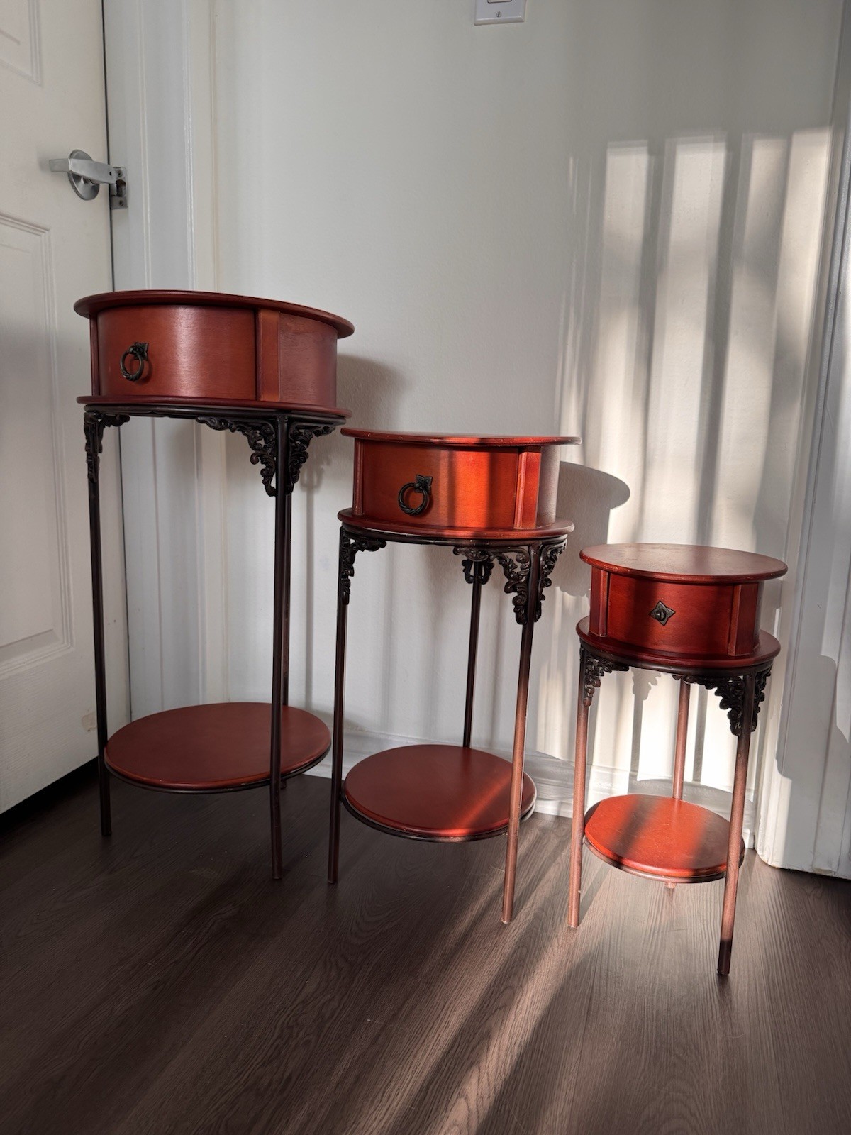 Vintage Wrought Iron & Wood Pedestal Drum Table Set 3 Plant Stand