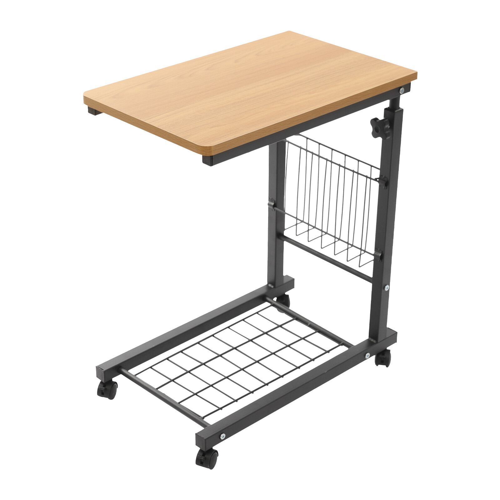 2 Tiers Adjustable Bed Side Table Teak Color Mobile Standalone Table w/ Wheels