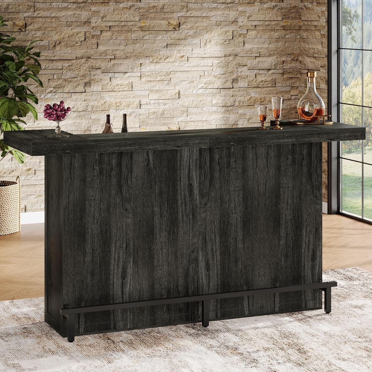 70.9-Inch Large Bar Table Industrial Wooden Home Bar Unit with Storage Shelves