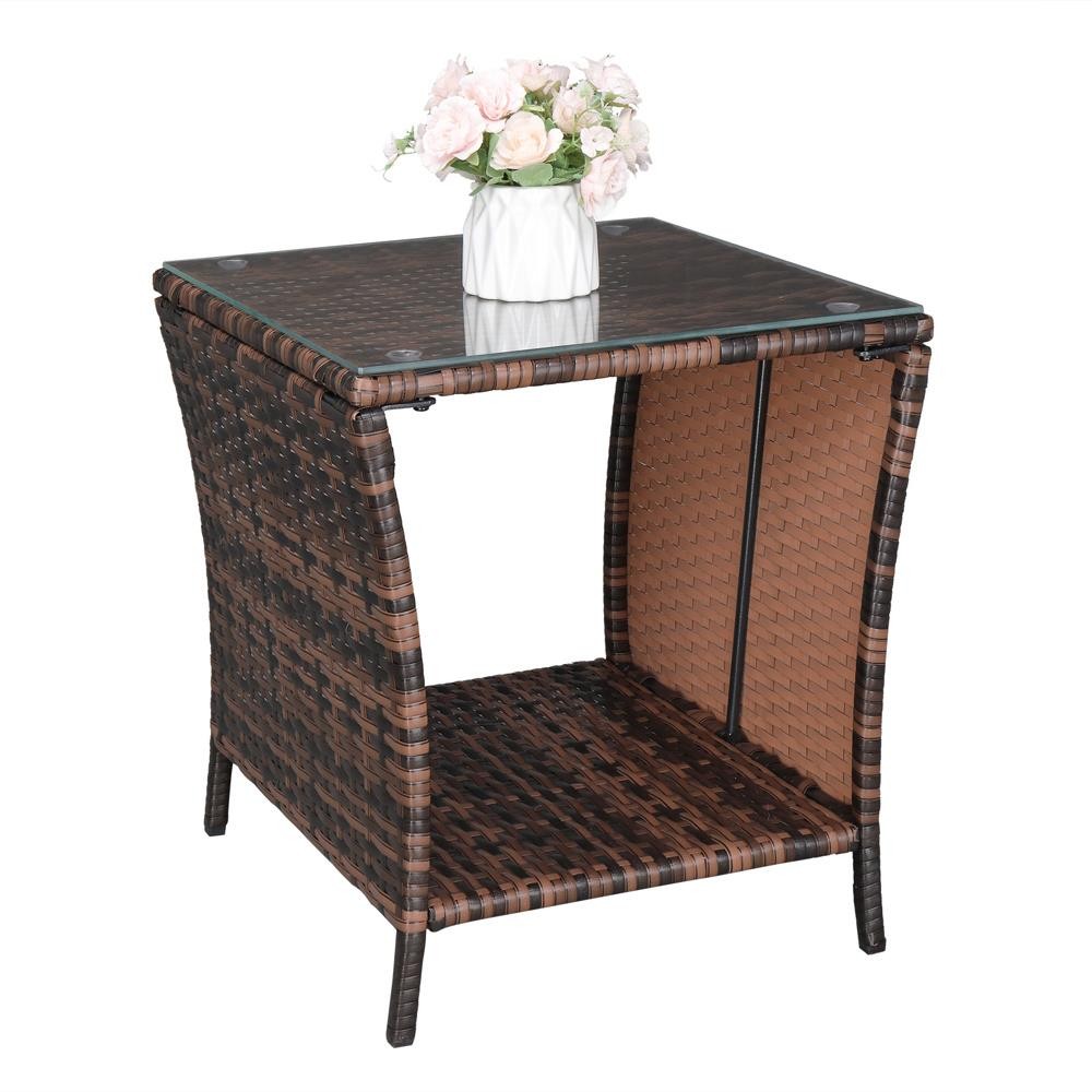 All-weather Square Wicker Rattan Side Tea Table Patio Furniture with Glass Top