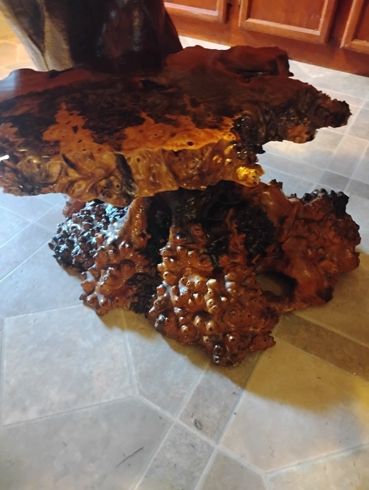 Vintage Handmade Redwood Burl Coffee Table with Redwood Stump Basee
