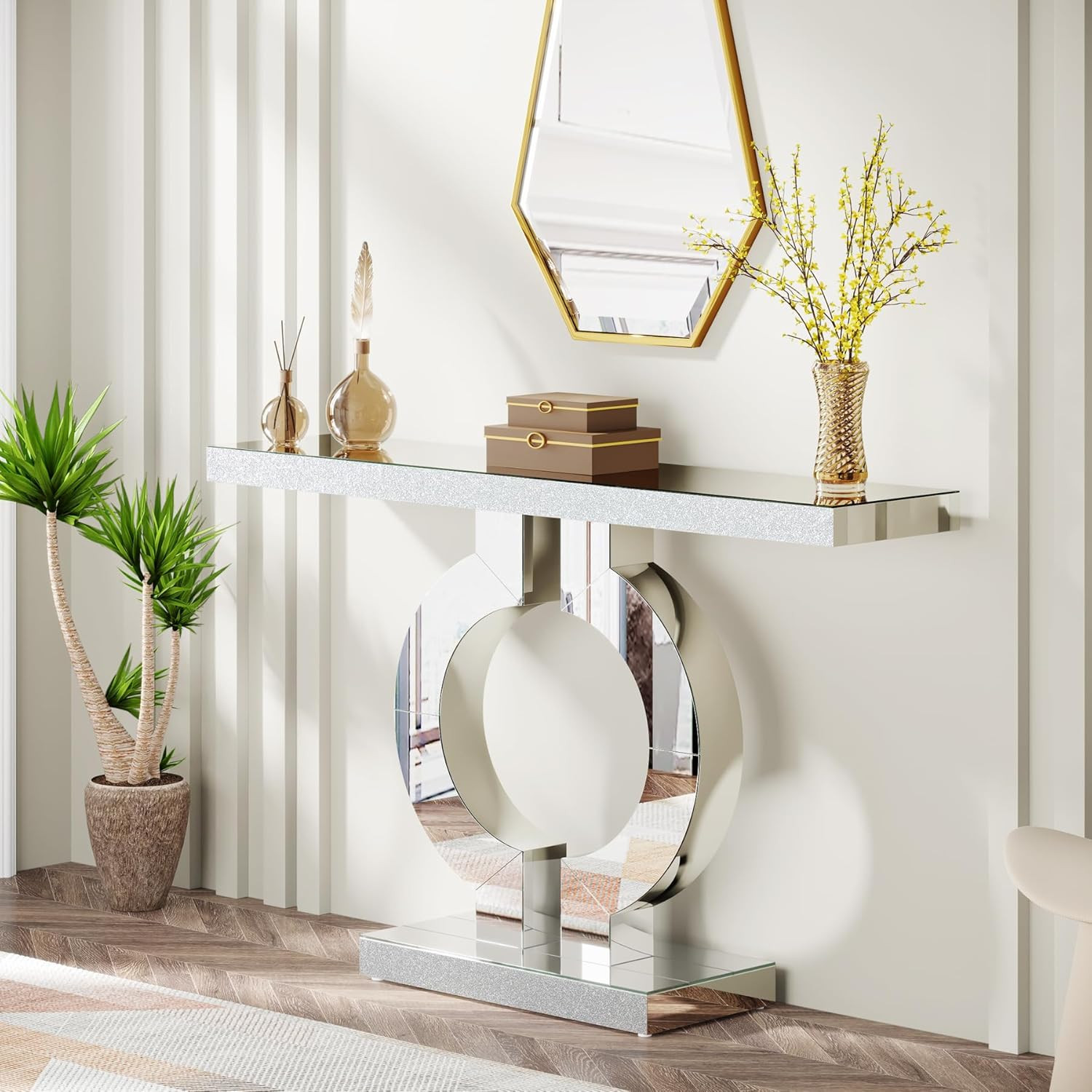 Modern Mirrored Console Table with O-Shaped Base for Living Room Entryway