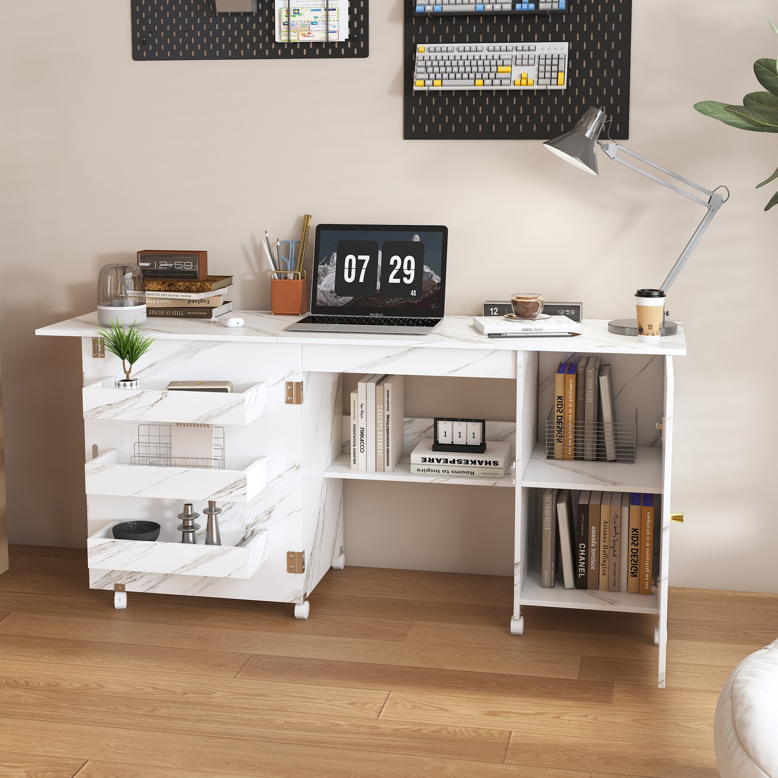 Foldable Sewing Machine Table with Locking Casters 57.5 in White