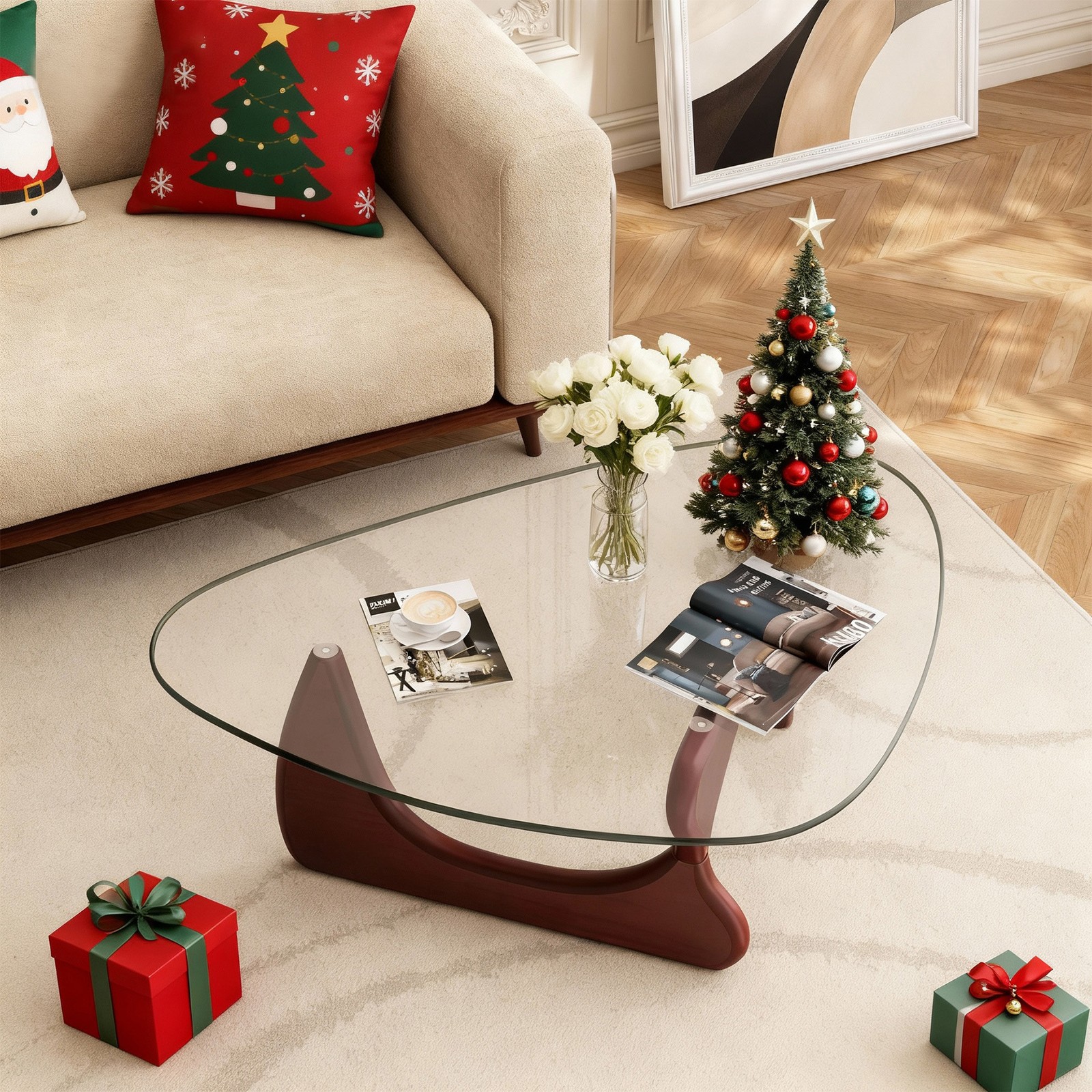 Used Noguchi Style Coffee Table Triangle Glass Top Premium Solid Hardwood Base