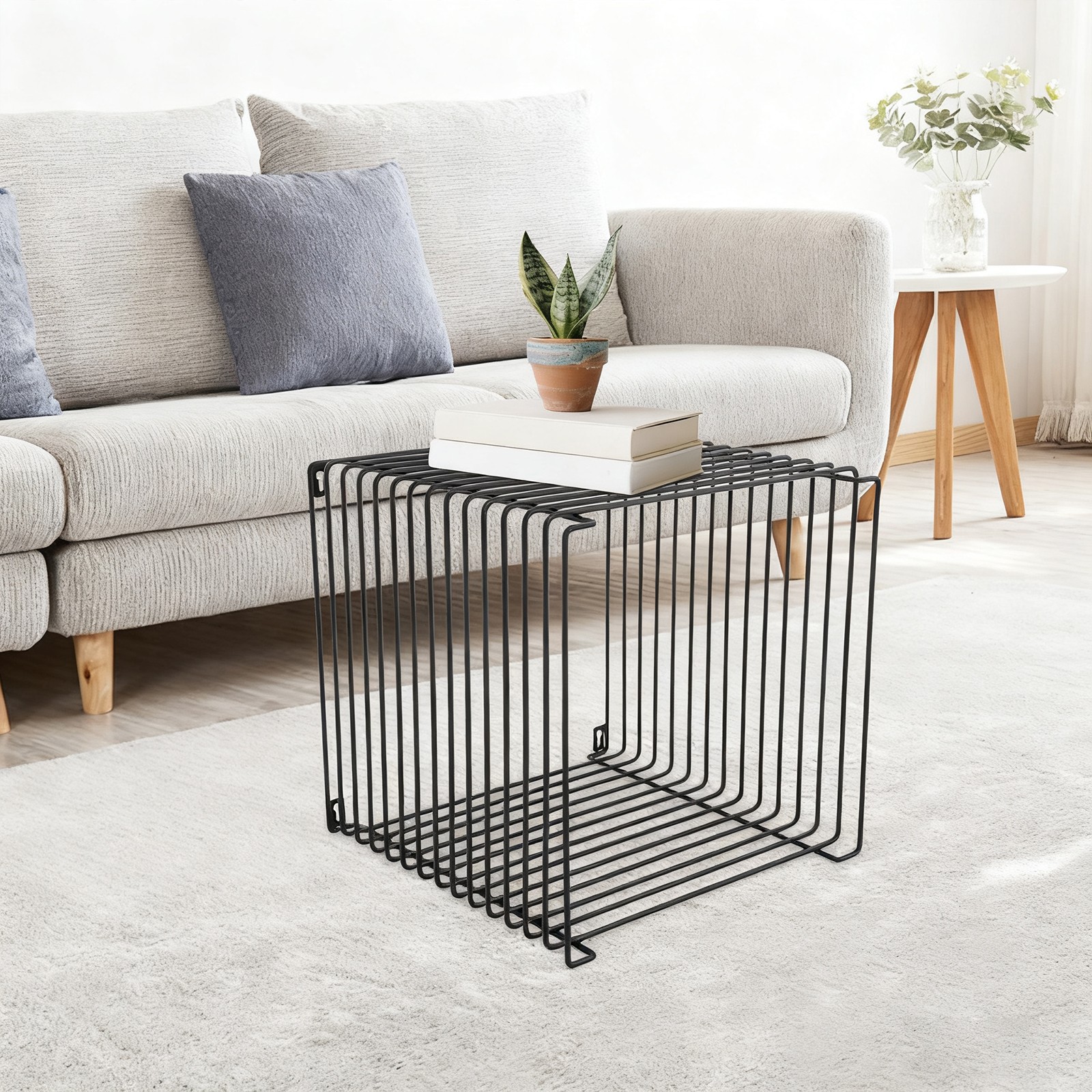 Black Square Side Table Wall or Floor Mount Geometric Retro Metal End Table