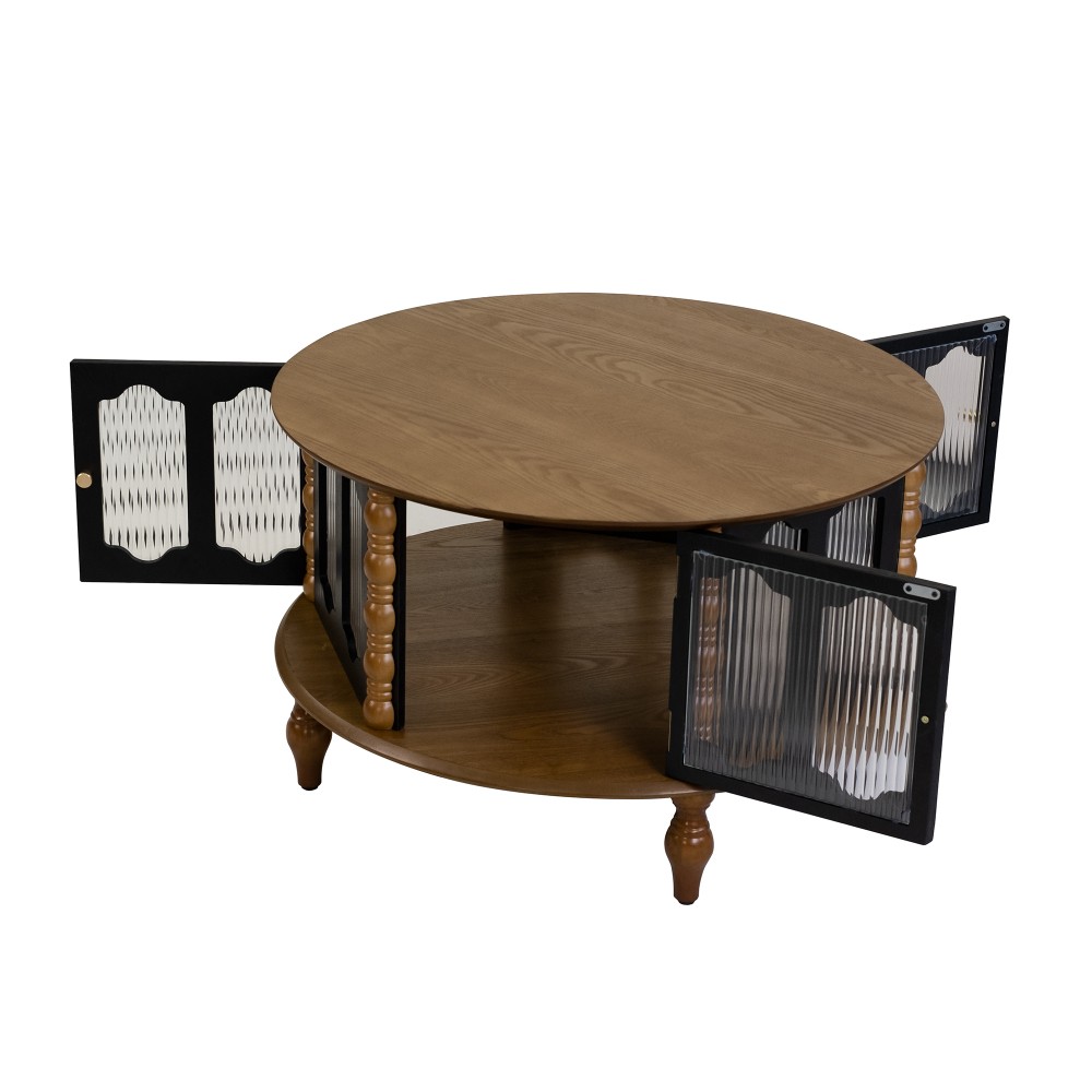 31.5 in Round Three-Door Storage Coffee Table Real Wood Veneer Coffee Table