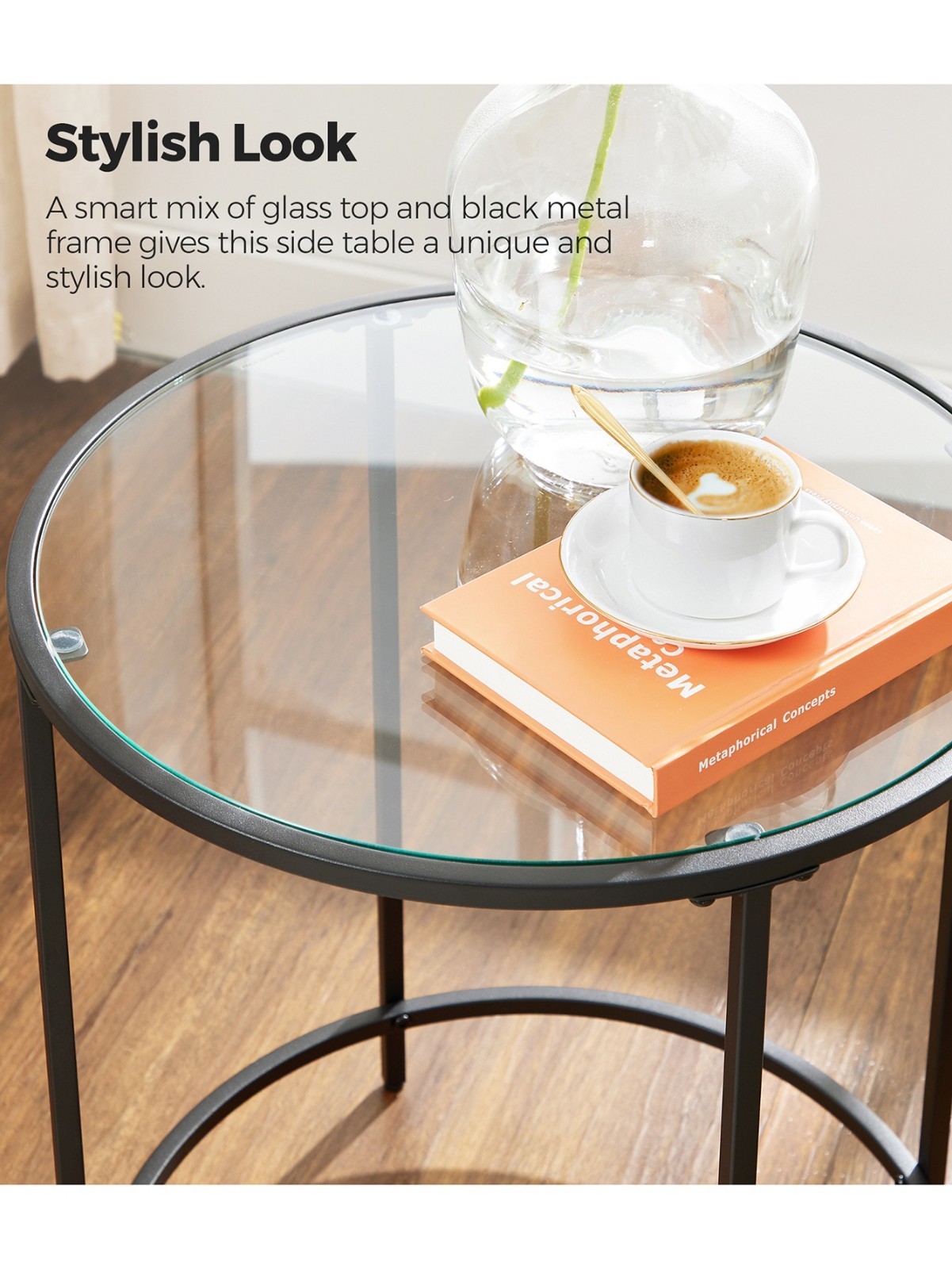 VASAGLE Round Glass Side Table Gold Metal Frame For Living Room Bedroom