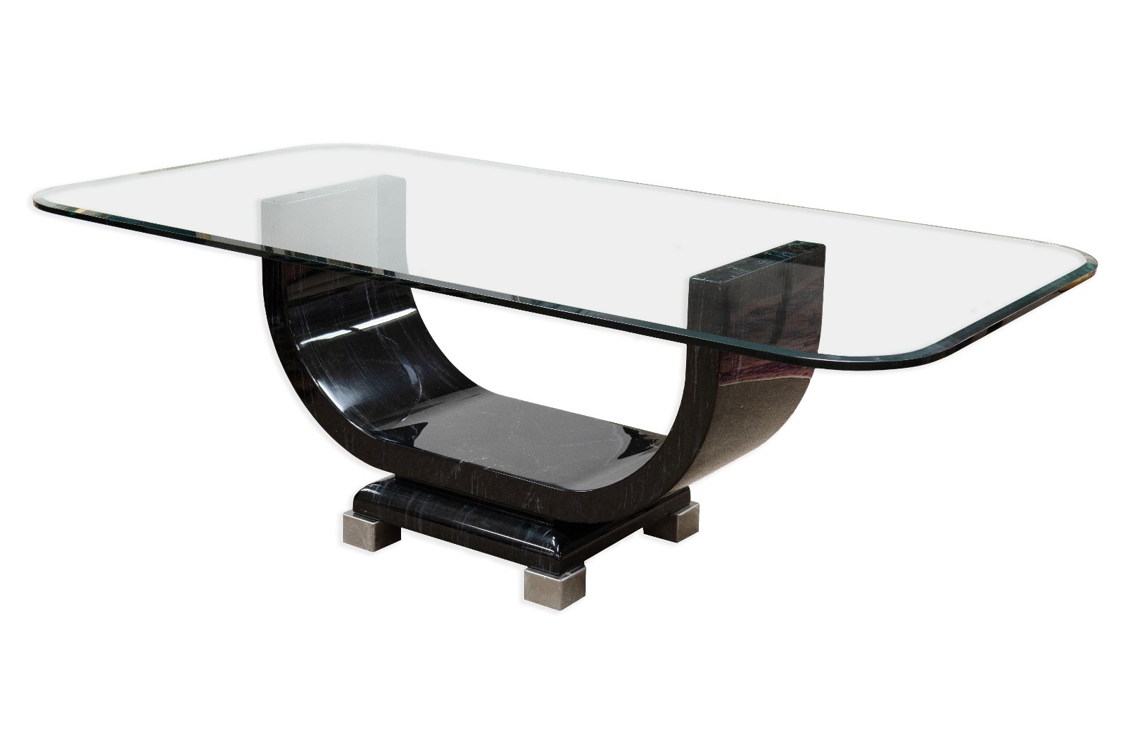 Art Deco Style Post Modern Black Lacquer Dining Table With Glass Top