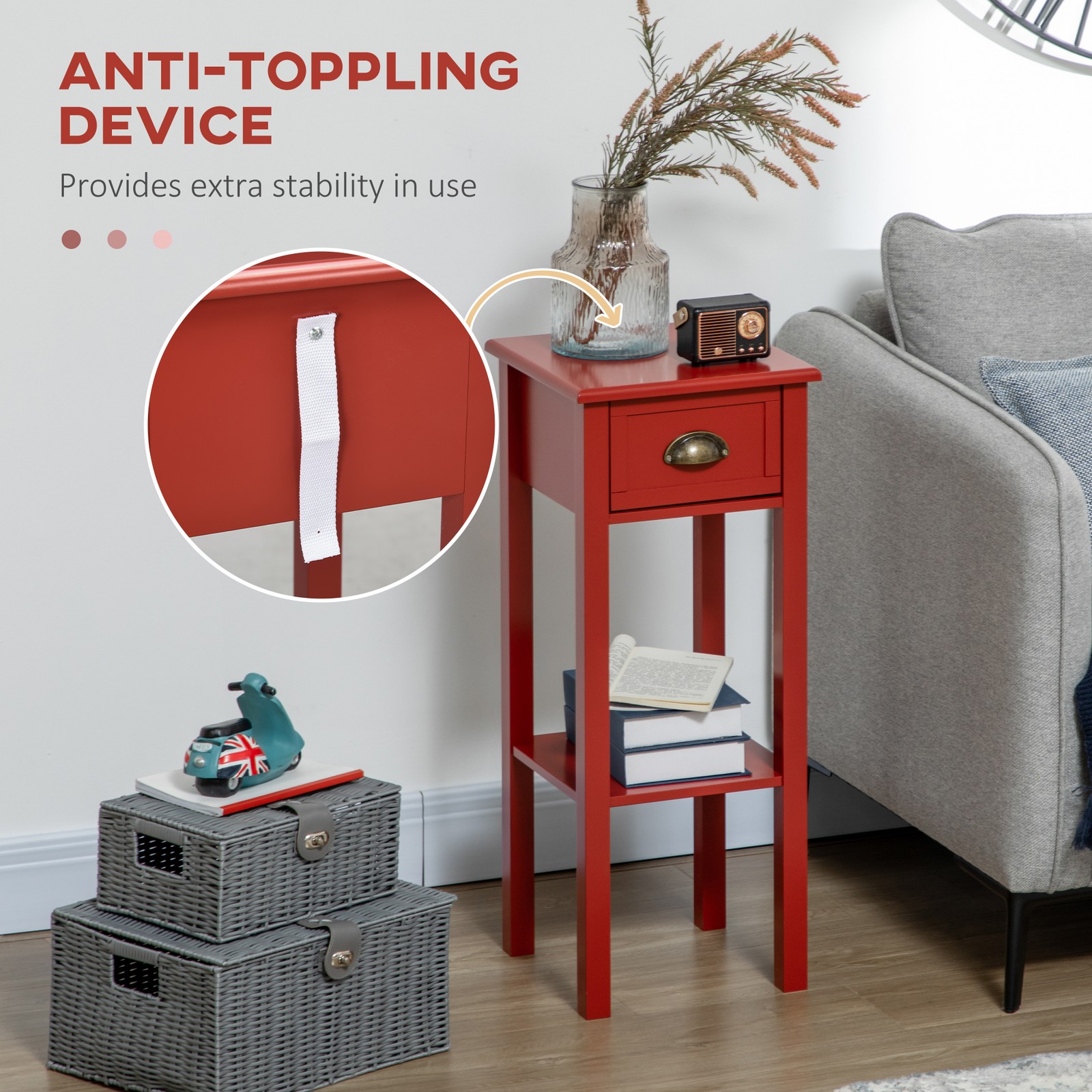2-Tier Side Table with Drawer Shelf, End Table, Red Refurbished