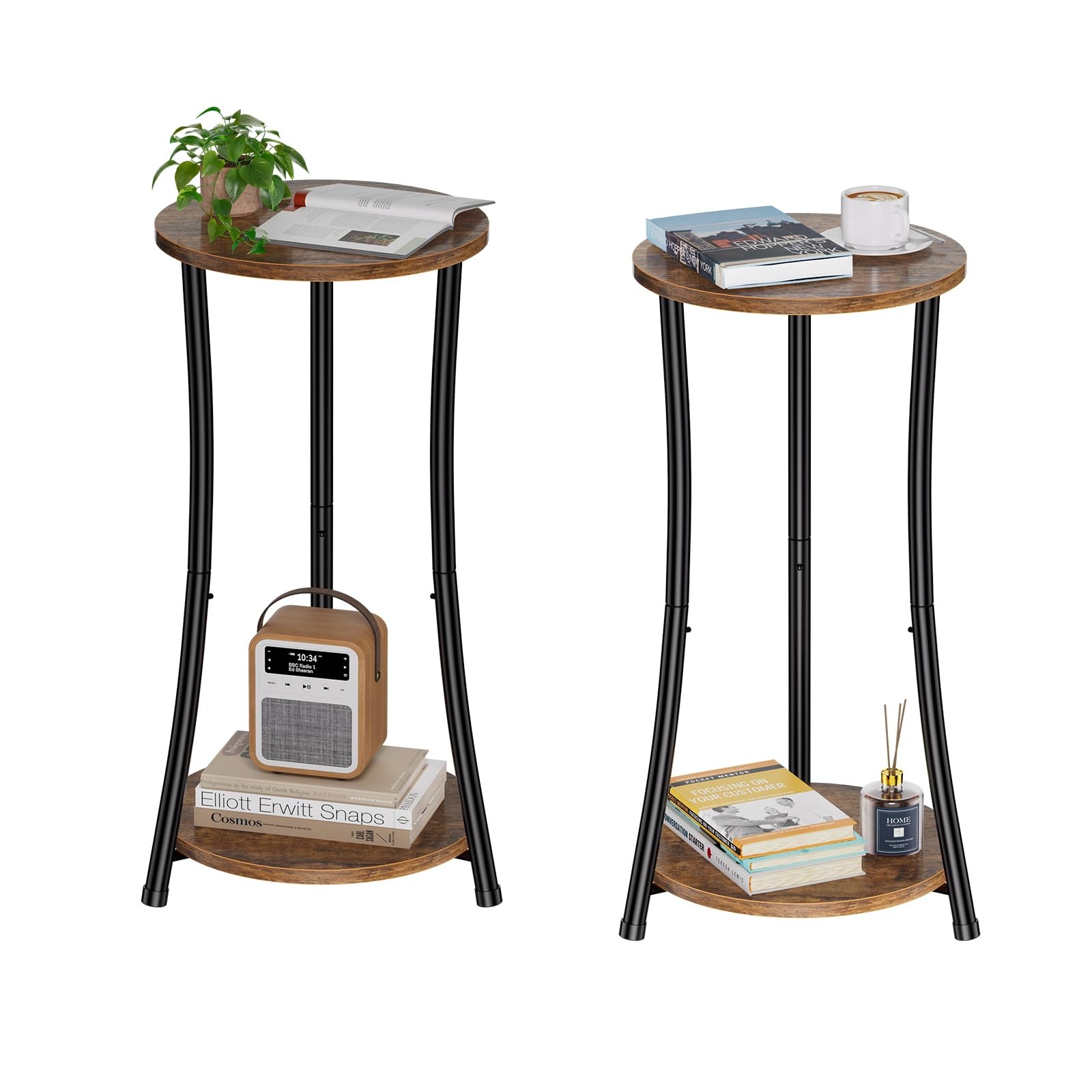 2 PCS Rustic Brown Round Side 2 Tier End Table Slim Sofa Storage Shelf Set